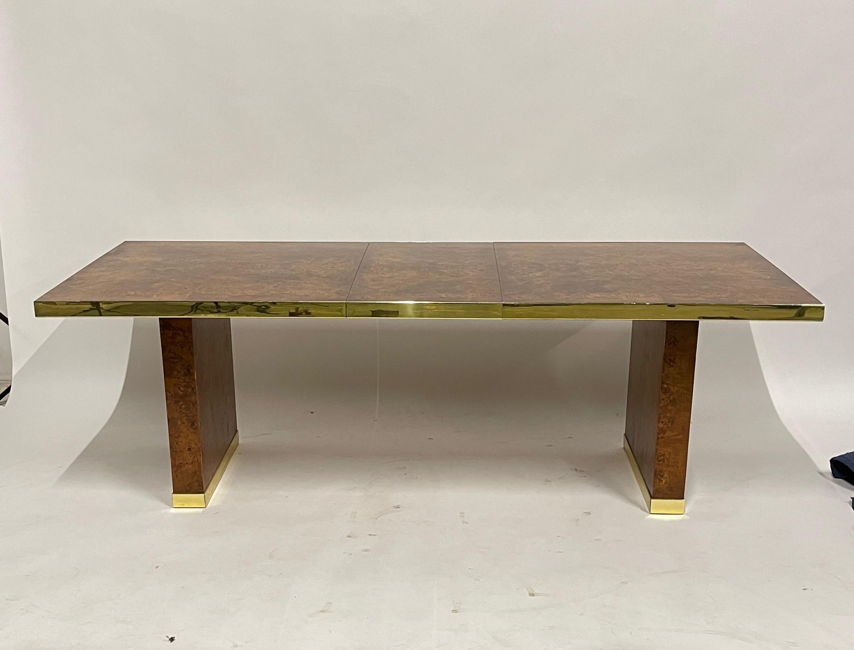1970s Signed Pierre Cardin Olive Burl and Brass Extension Dining Table or Desk 1