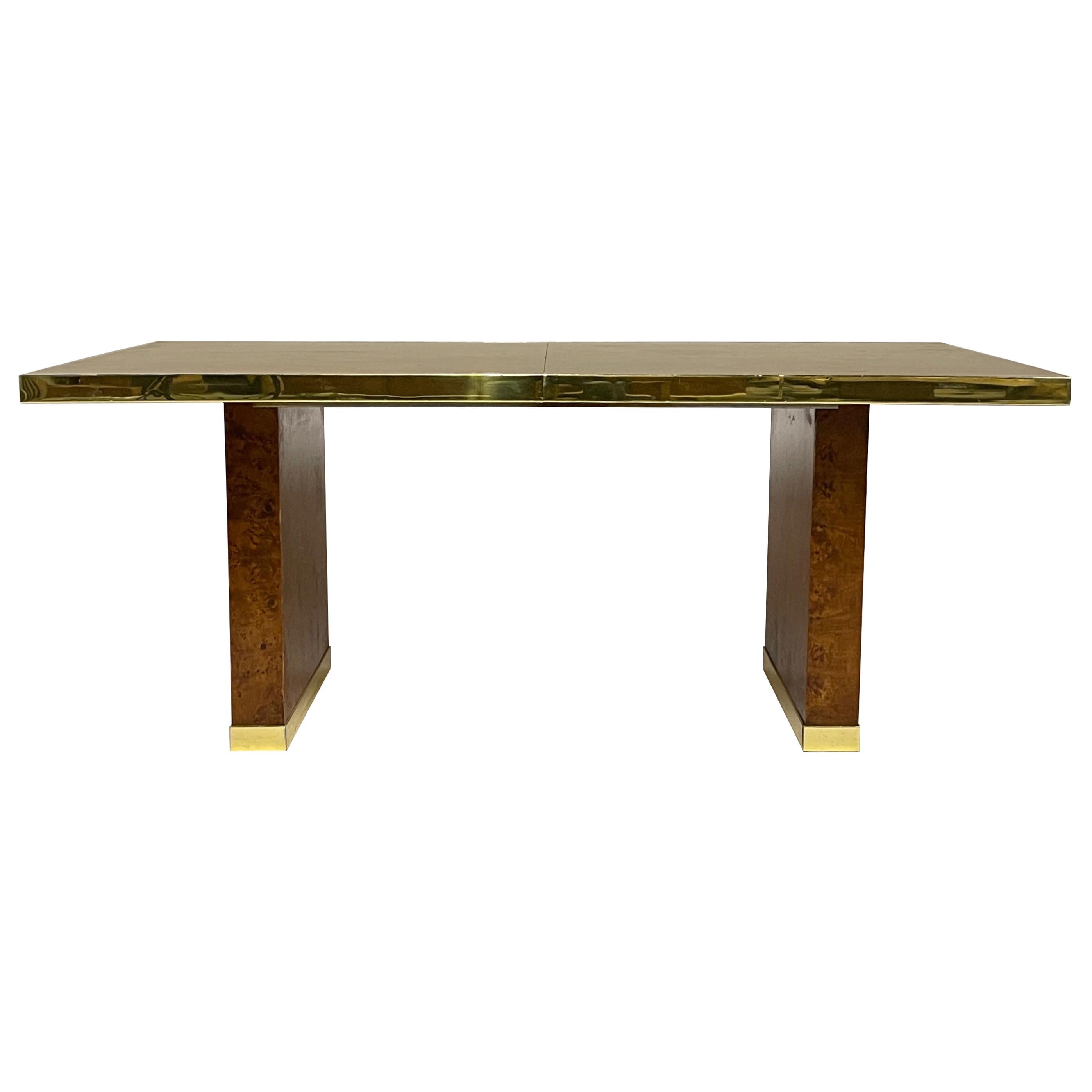 1970s Signed Pierre Cardin Olive Burl and Brass Extension Dining Table or Desk