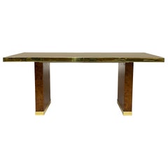 1970s Signed Pierre Cardin Olive Burl and Brass Extension Dining Table or Desk