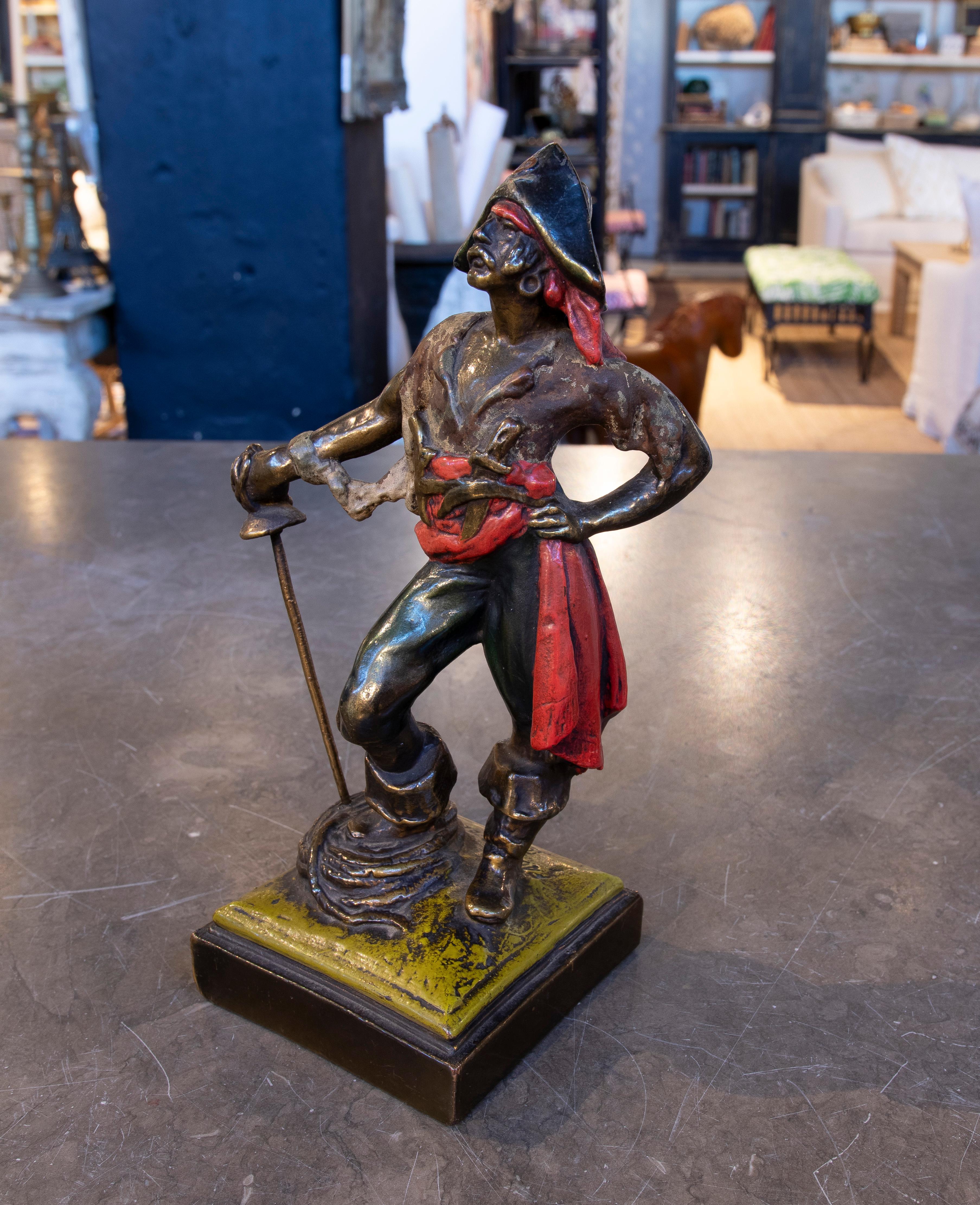 European 1970s Signed Polychrome Bronze Pirate Sculpture