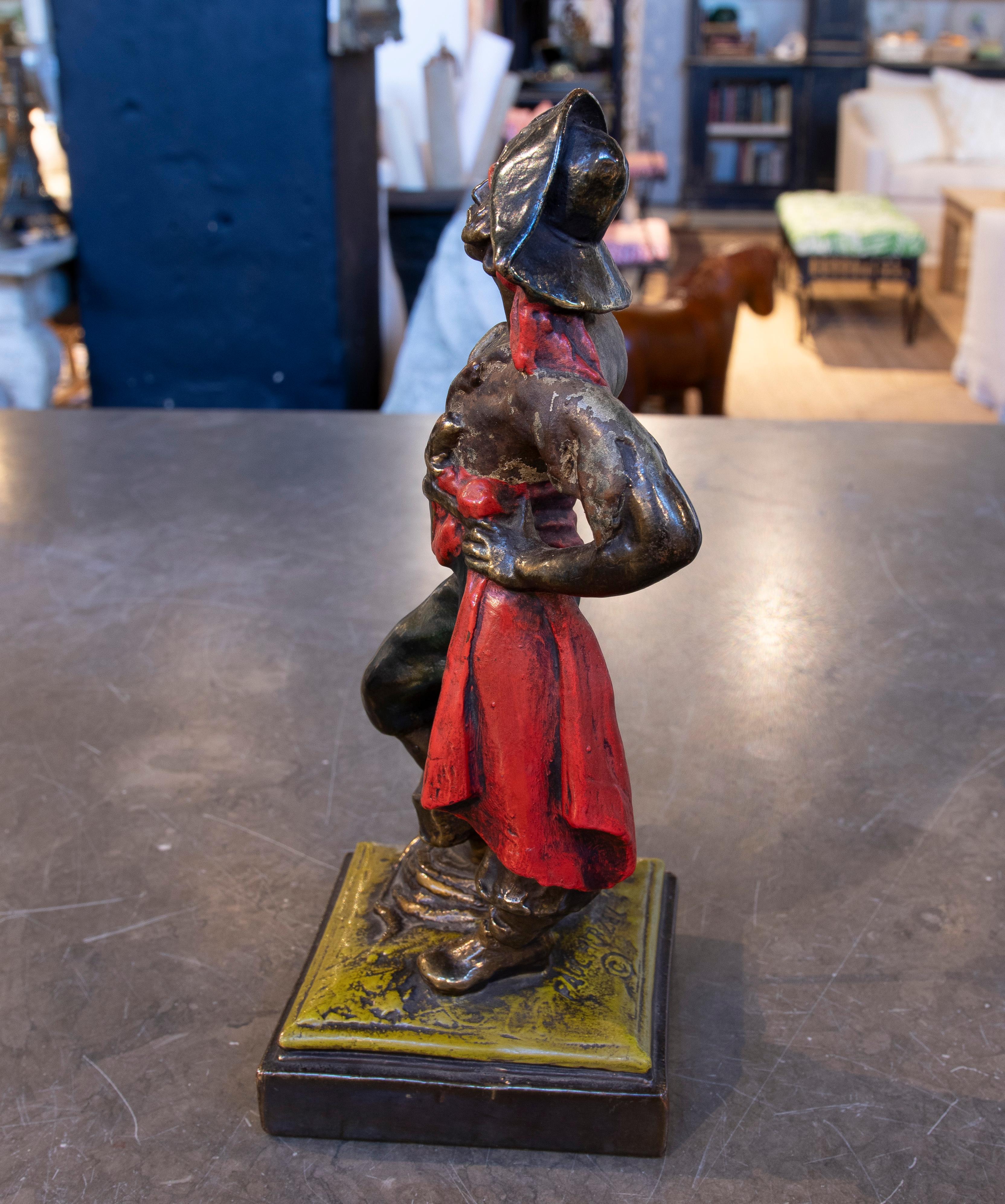 Hand-Painted 1970s Signed Polychrome Bronze Pirate Sculpture