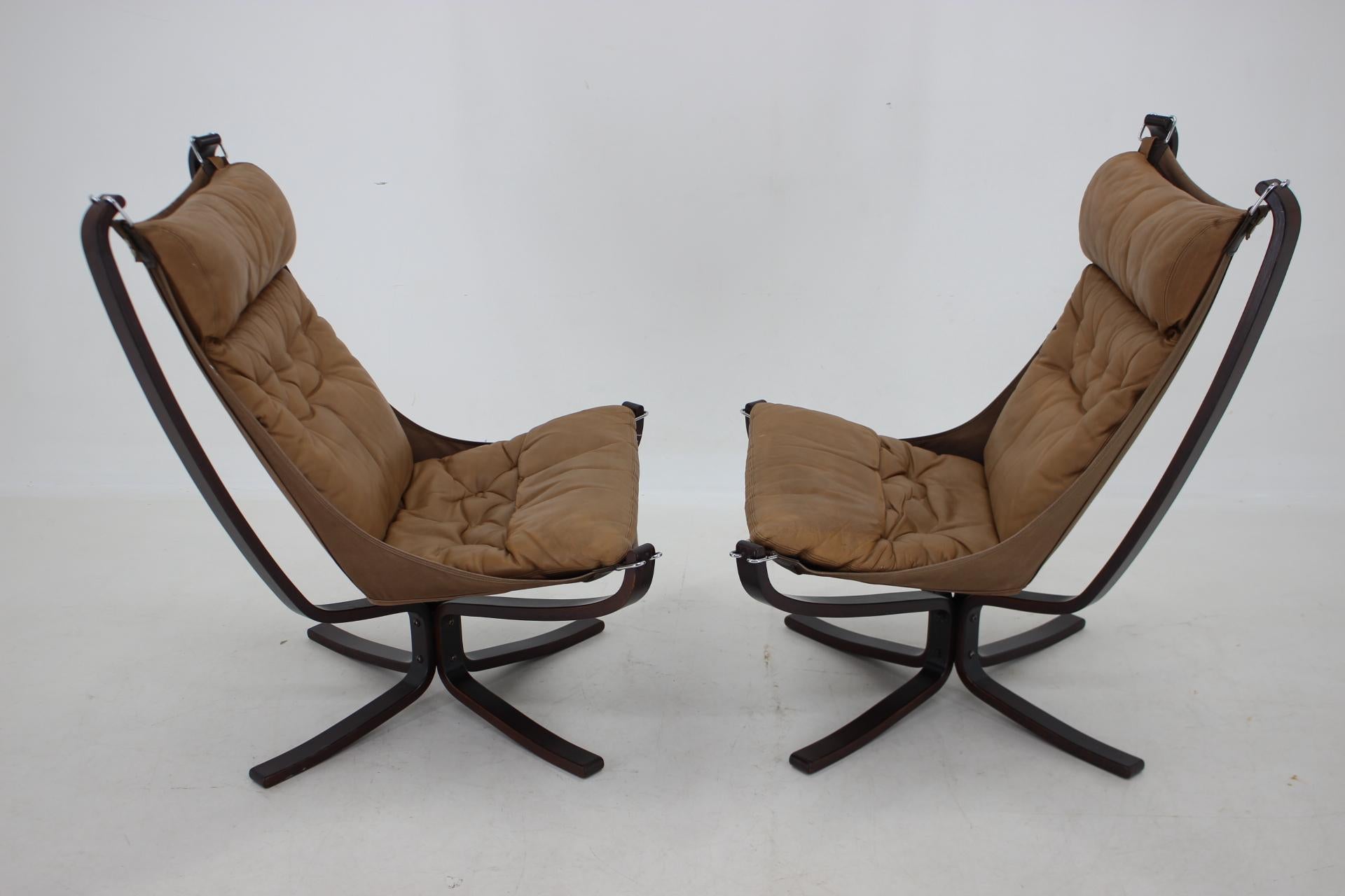 1970 Sigurd Ressell Paire de chaises Falcon en cuir par Vatne Møbler , Norvège en vente 1