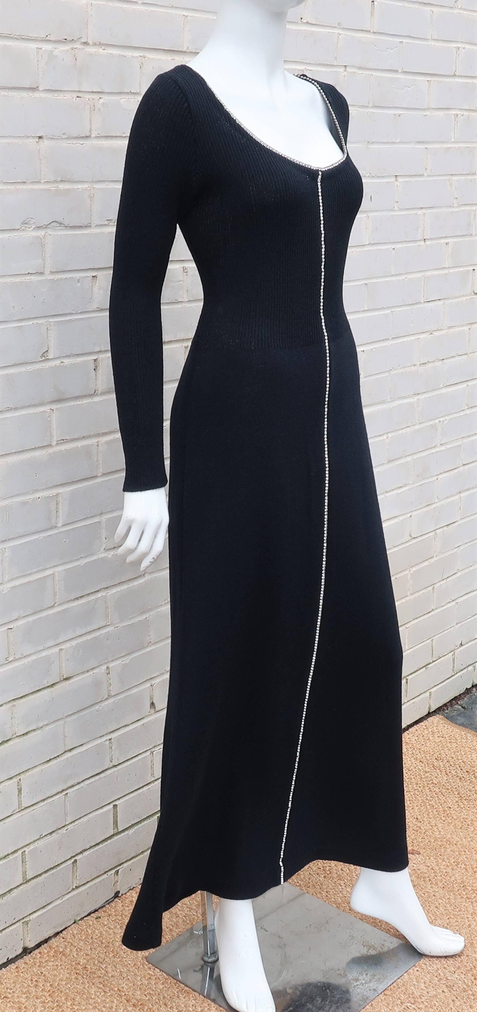 Women's 1970’s Silhouette Black Knit Dress With Rhinestones