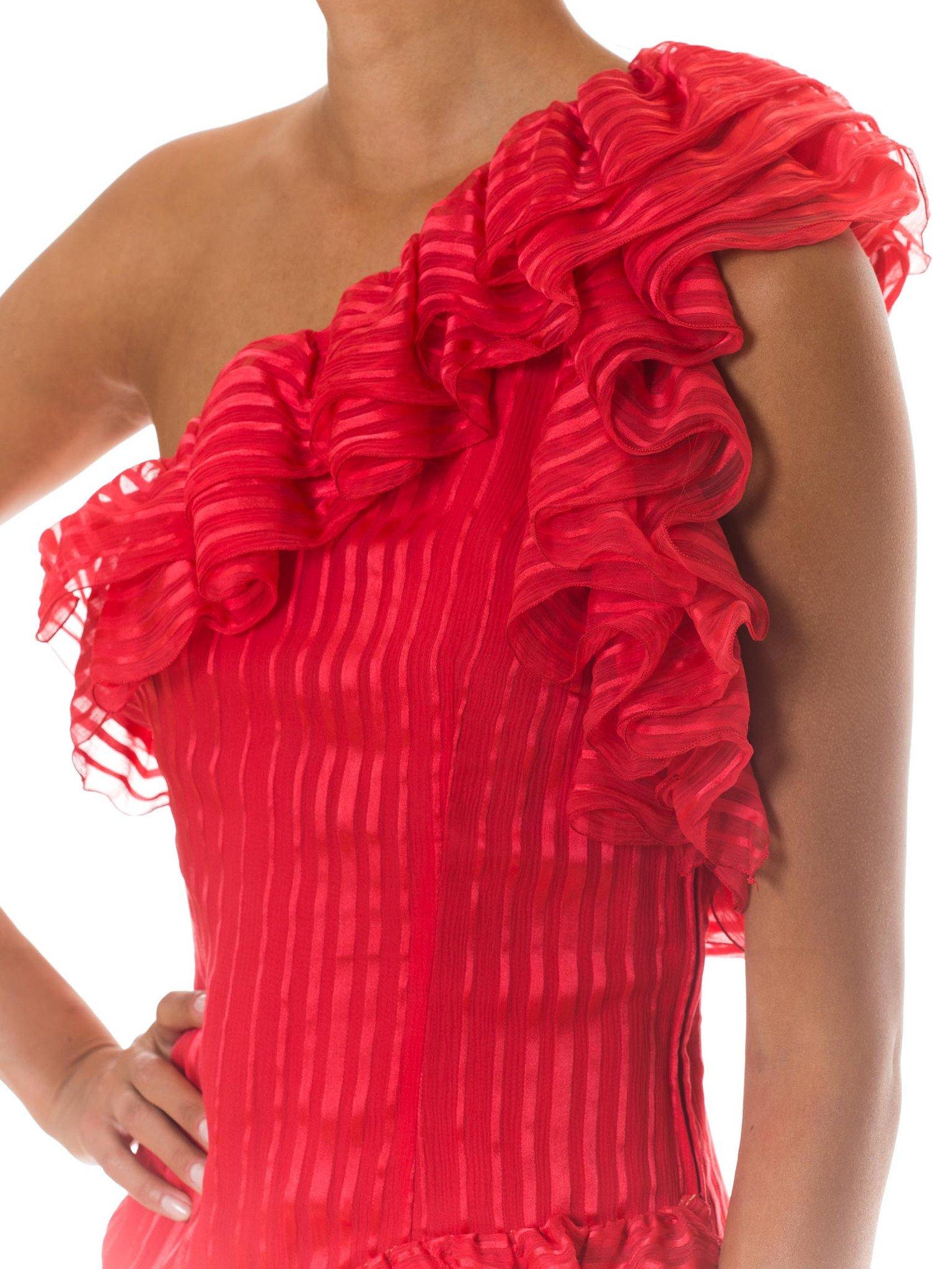 1970S Persimmon Red Silk Chiffon Stripe Demi Couture One Shoulder Ruffle Cockta For Sale 3