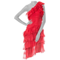 1970S Persimmon Red Silk Chiffon Stripe Demi Couture One Shoulder Ruffle Cockta