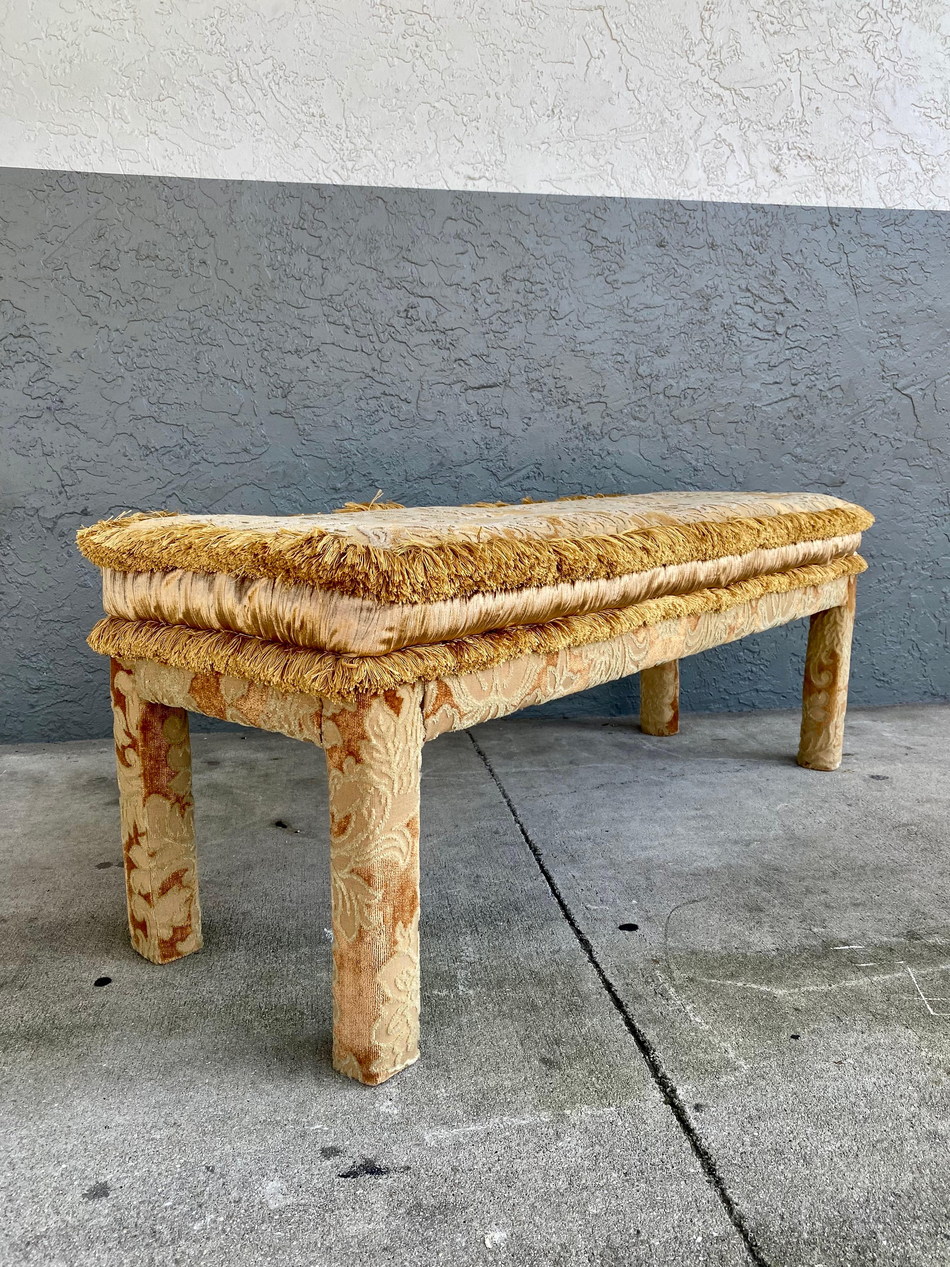 French 1970s Silk and Velvet Damask Parsons Bench