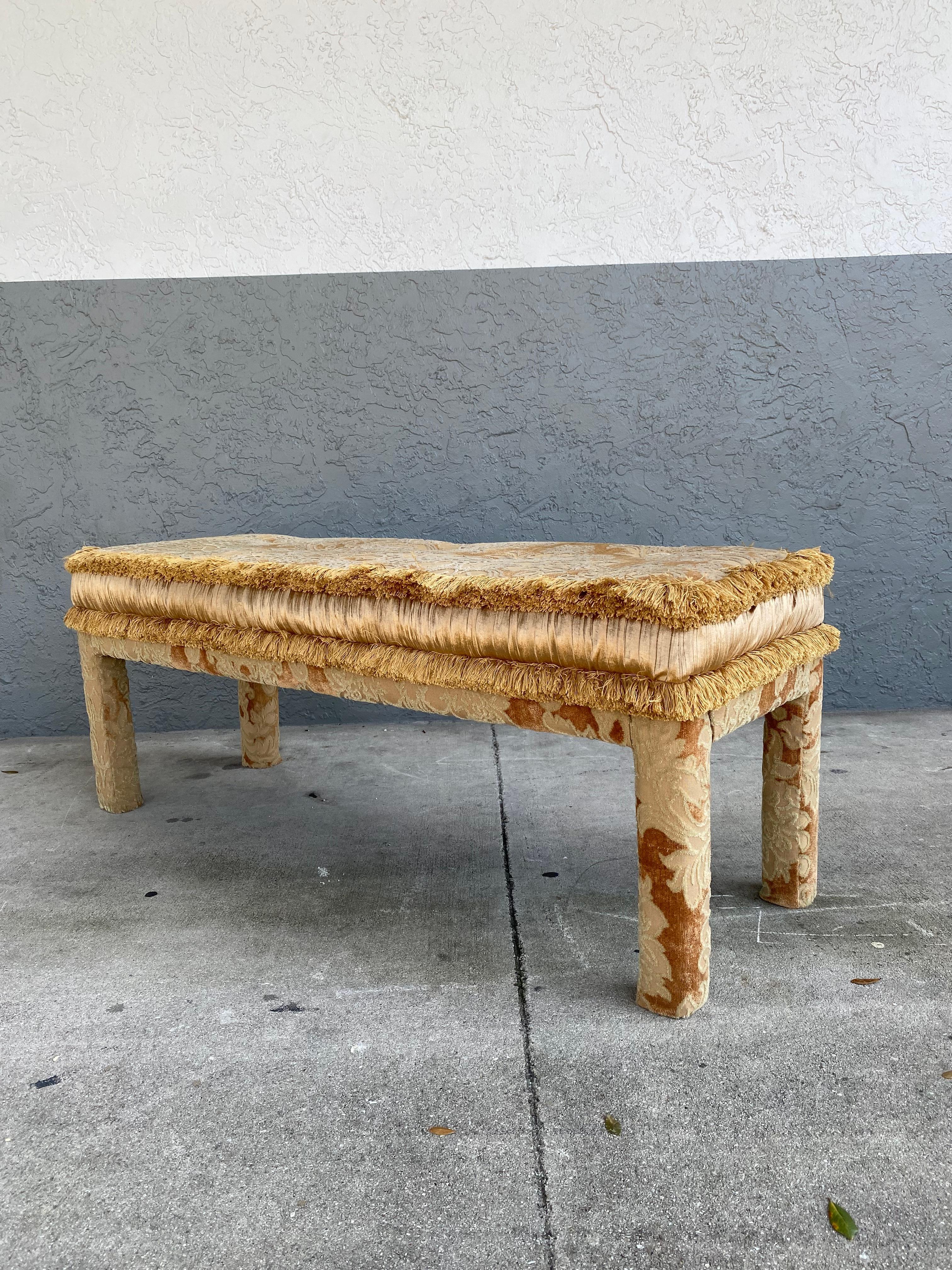 1970s Silk and Velvet Damask Parsons Bench In Good Condition In Fort Lauderdale, FL