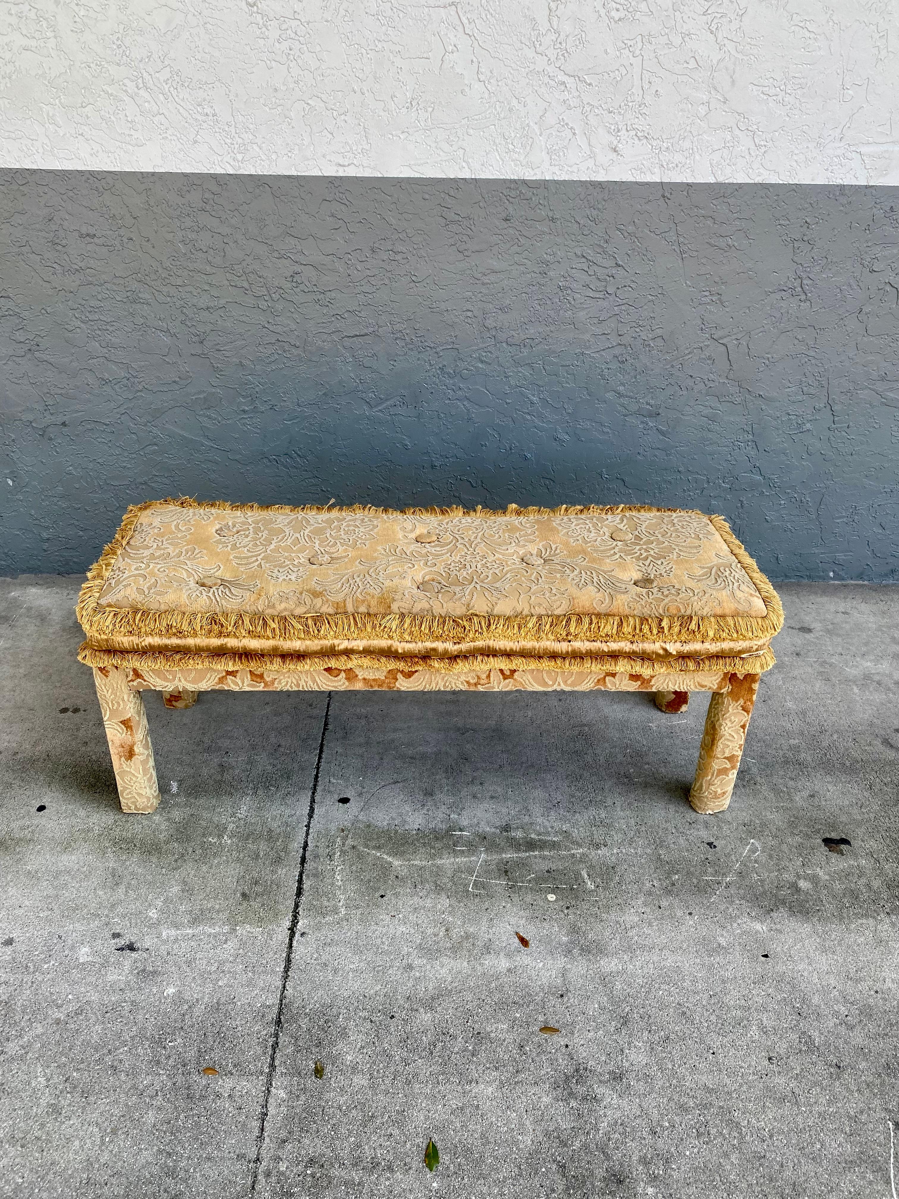 Late 20th Century 1970s Silk and Velvet Damask Parsons Bench