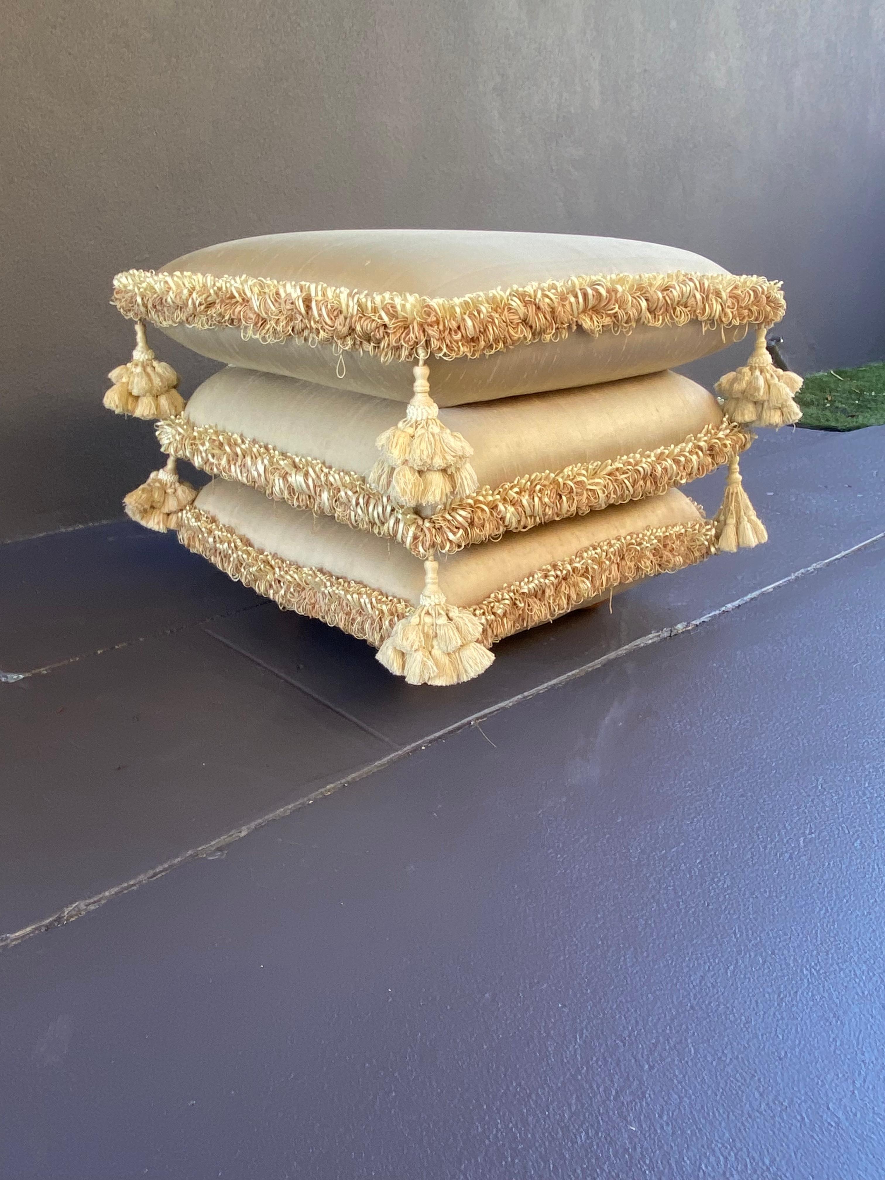 French 1970s Silk and Velvet Stacked Pillow Top Ottoman Coffee Table  For Sale
