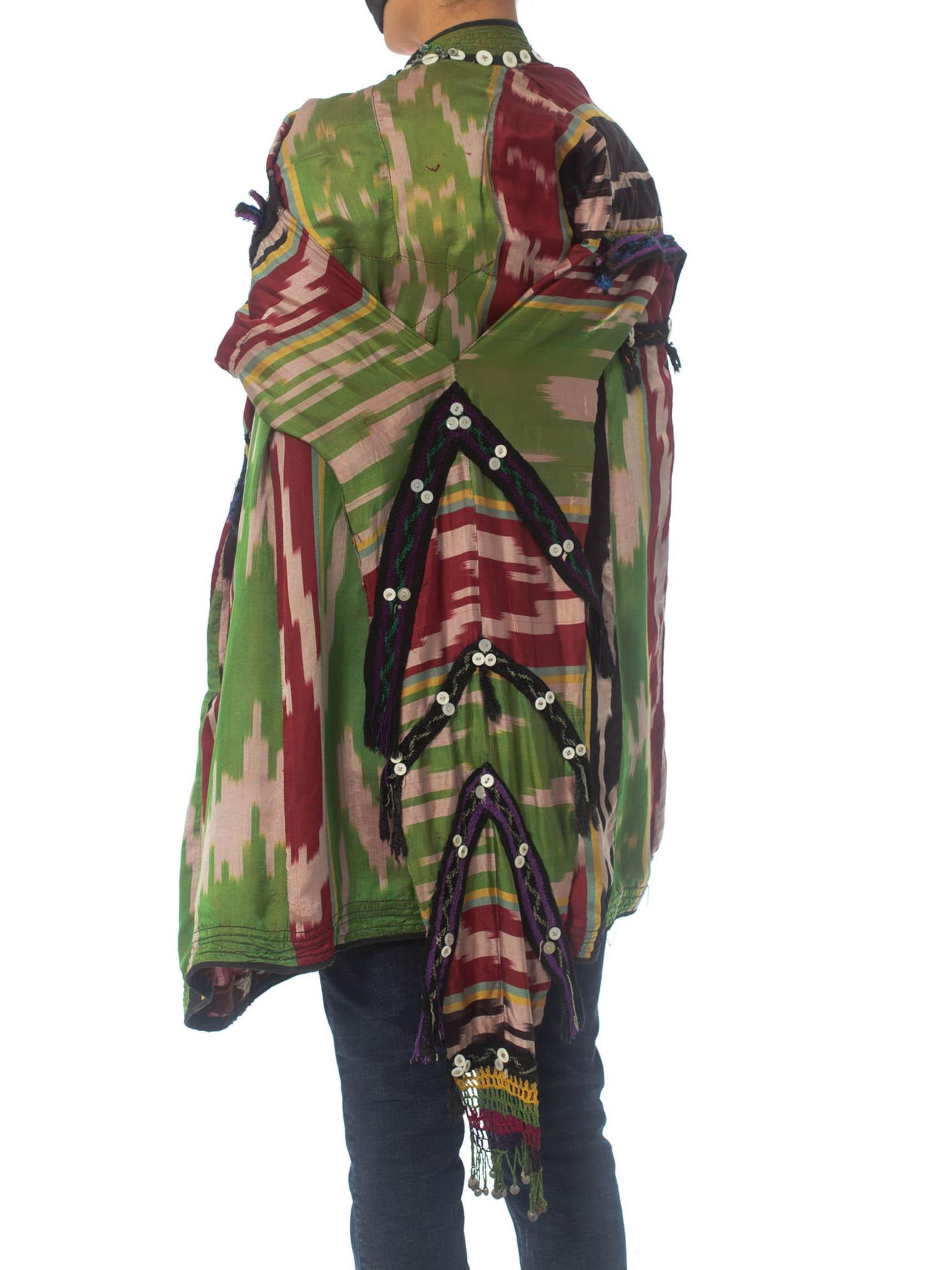 1970S Silk Authentic Uzbekistan Ikat Cape Hood With Buttons And Metal Embellish For Sale 1