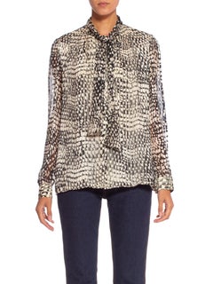 1980S Black & White Printed Silk Chiffon Stripe Bow Neck Blouse