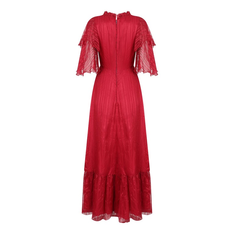 1970s Silk Chiffon Scarlet Red Victoriana Maxi Dress In Excellent Condition For Sale In London, GB