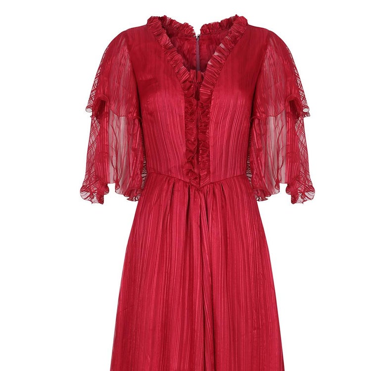 1970s Silk Chiffon Scarlet Red Victoriana Maxi Dress For Sale 1