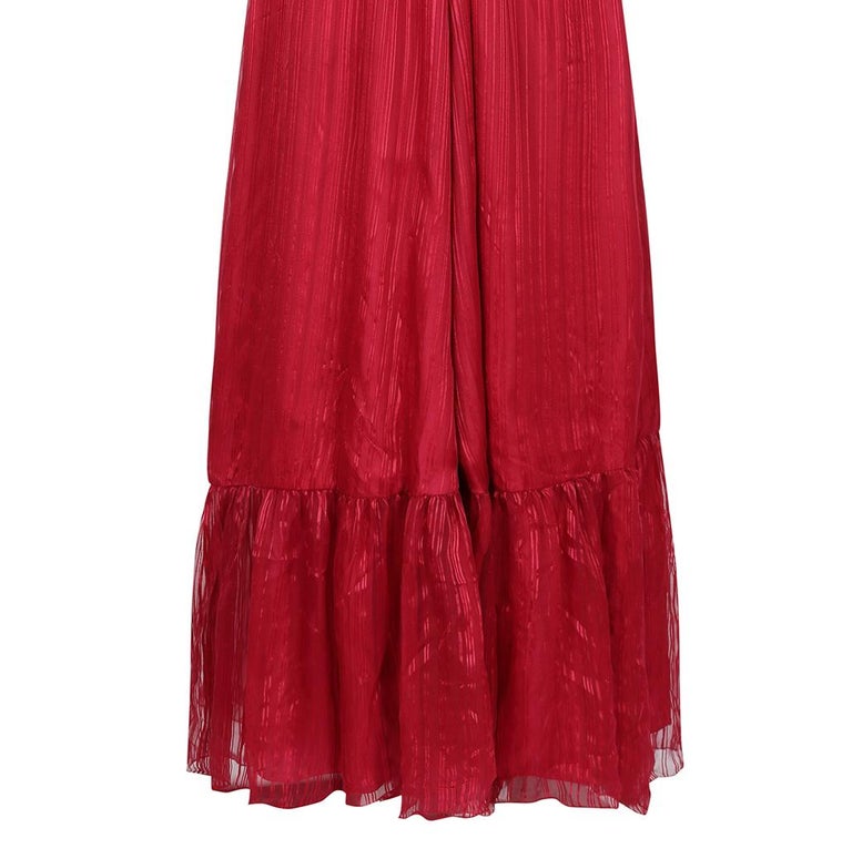 1970s Silk Chiffon Scarlet Red Victoriana Maxi Dress For Sale 2