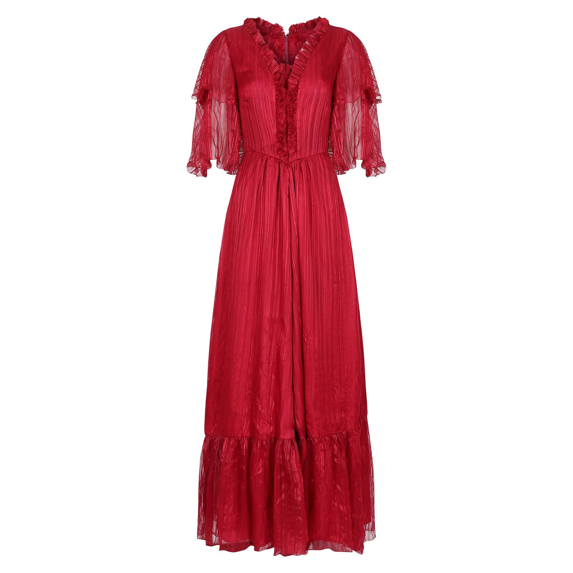 1970s Silk Chiffon Scarlet Red Victoriana Maxi Dress