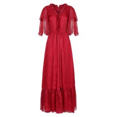 Retro 1970s Silk Chiffon Scarlet Red Victoriana Maxi Dress