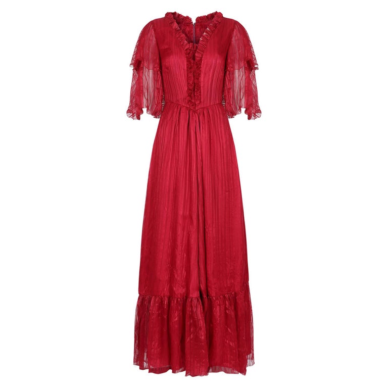 1970s Silk Chiffon Scarlet Red Victoriana Maxi Dress For Sale