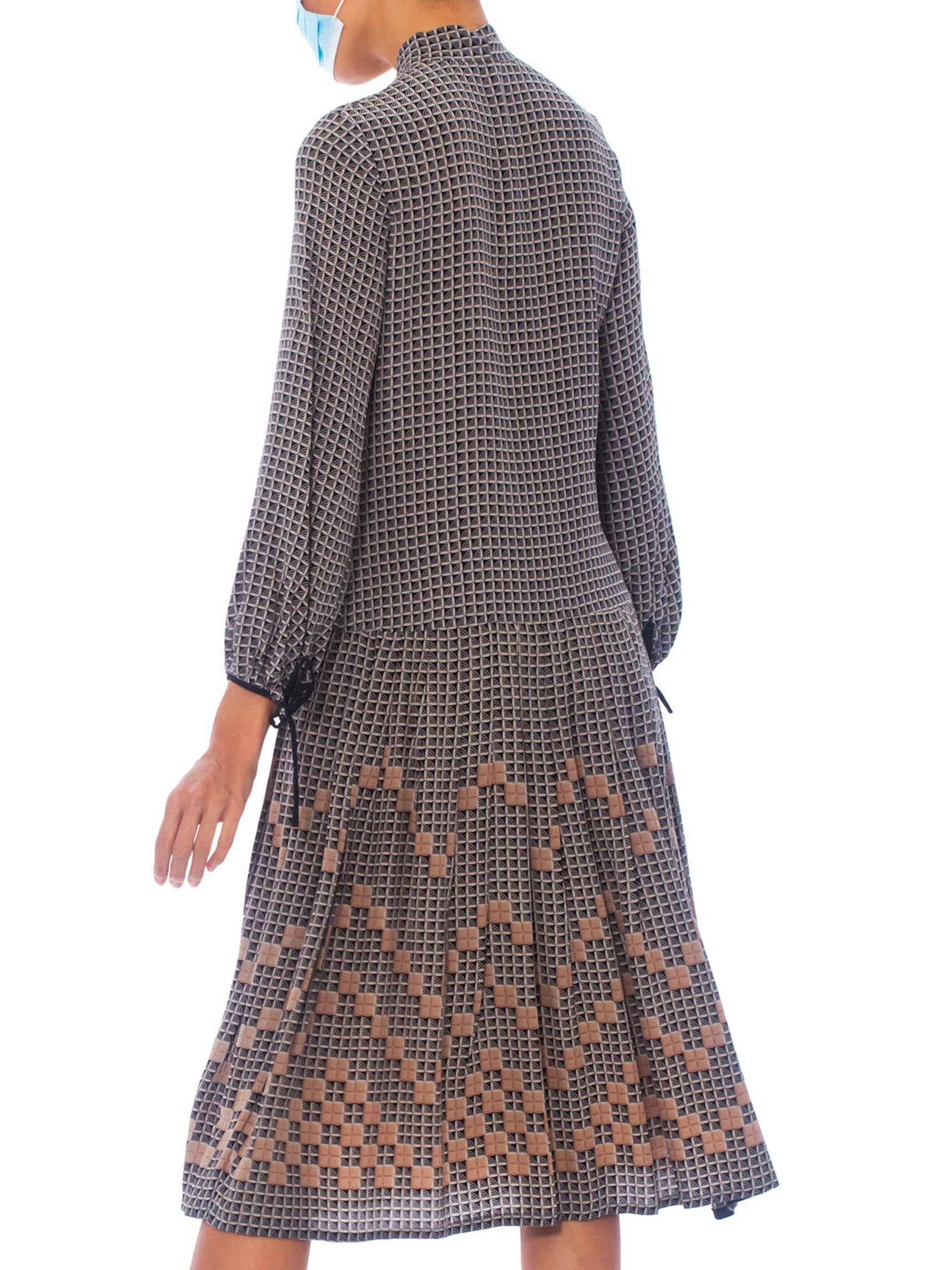 Gray 1970S Silk Crepe De Chine Bow Neck Drop Waist Geometric Printed Dress From Paris For Sale