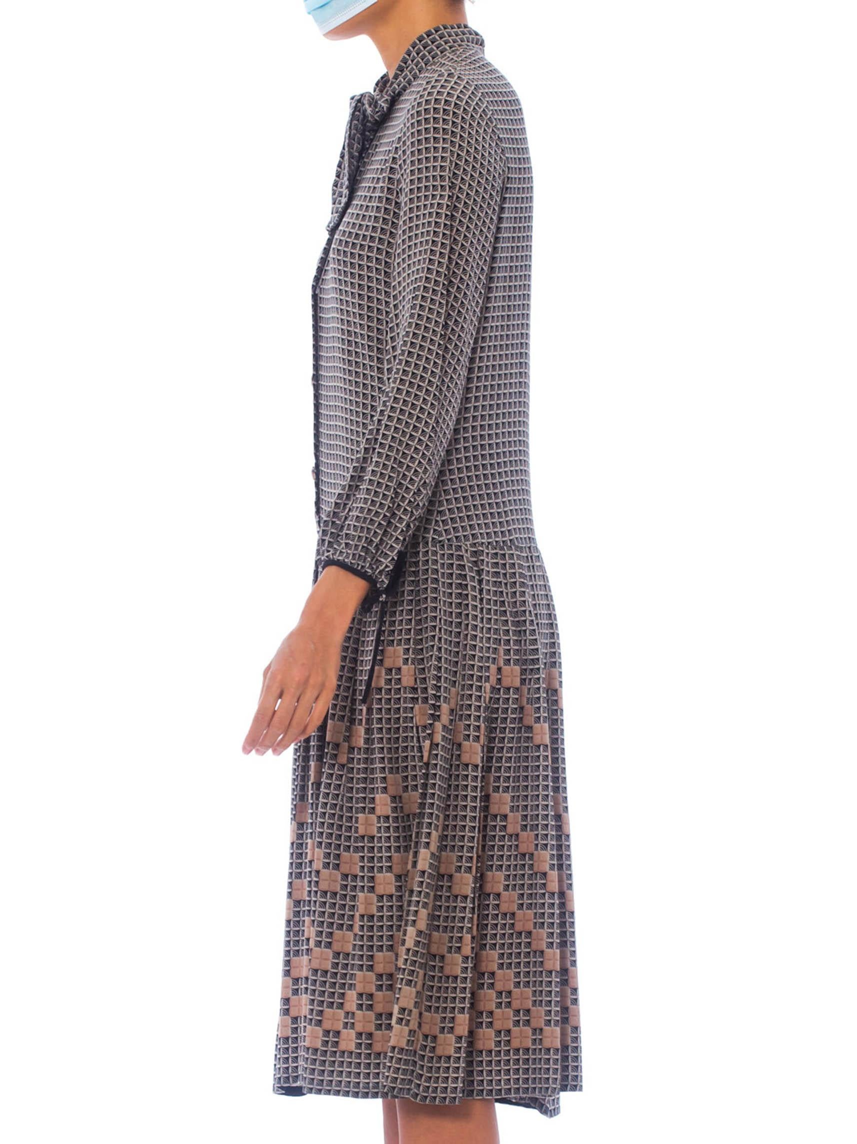 Women's 1970S Silk Crepe De Chine Bow Neck Drop Waist Geometric Printed Dress From Paris For Sale