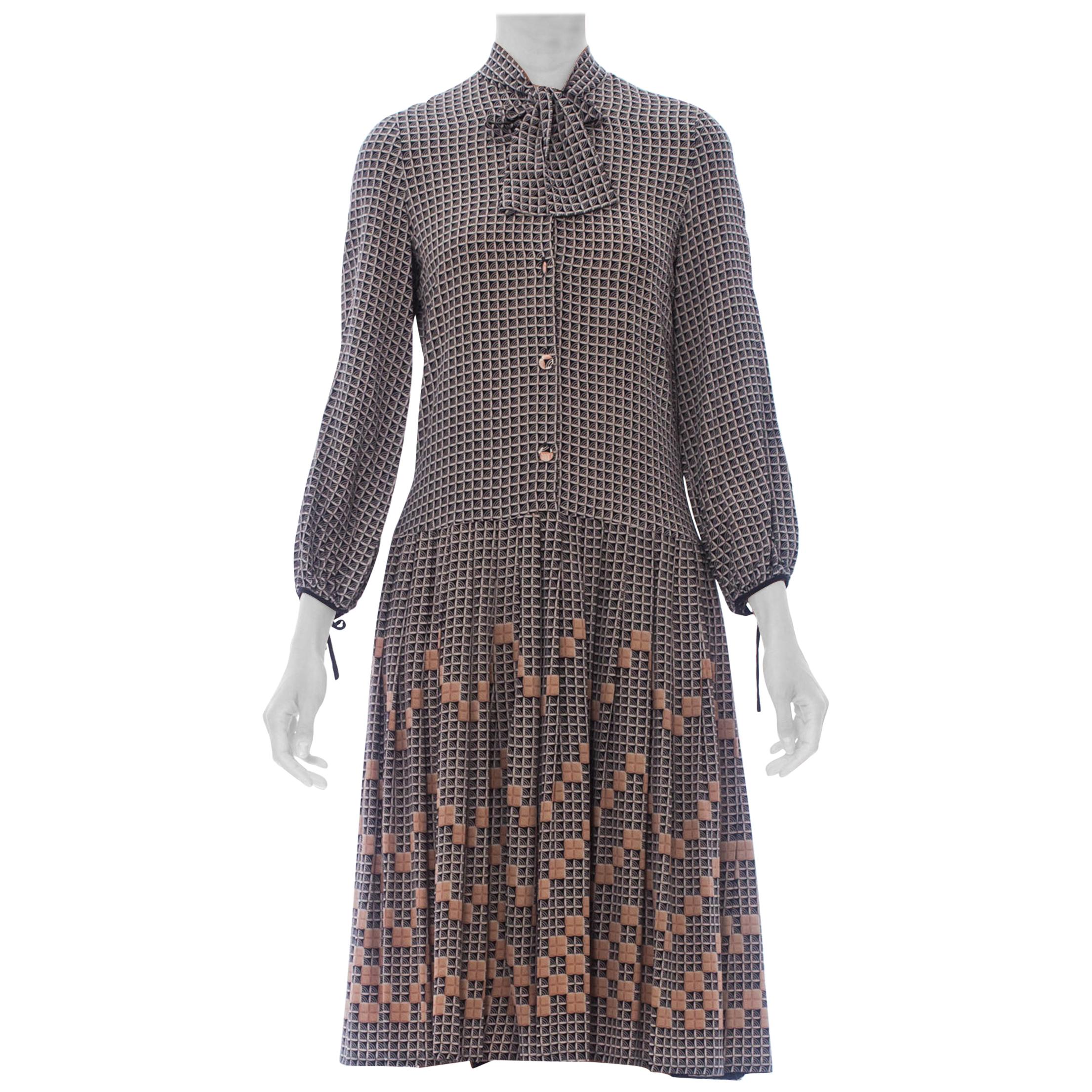 1970S Silk Crepe De Chine Bow Neck Drop Waist Geometric Printed Dress From Paris For Sale