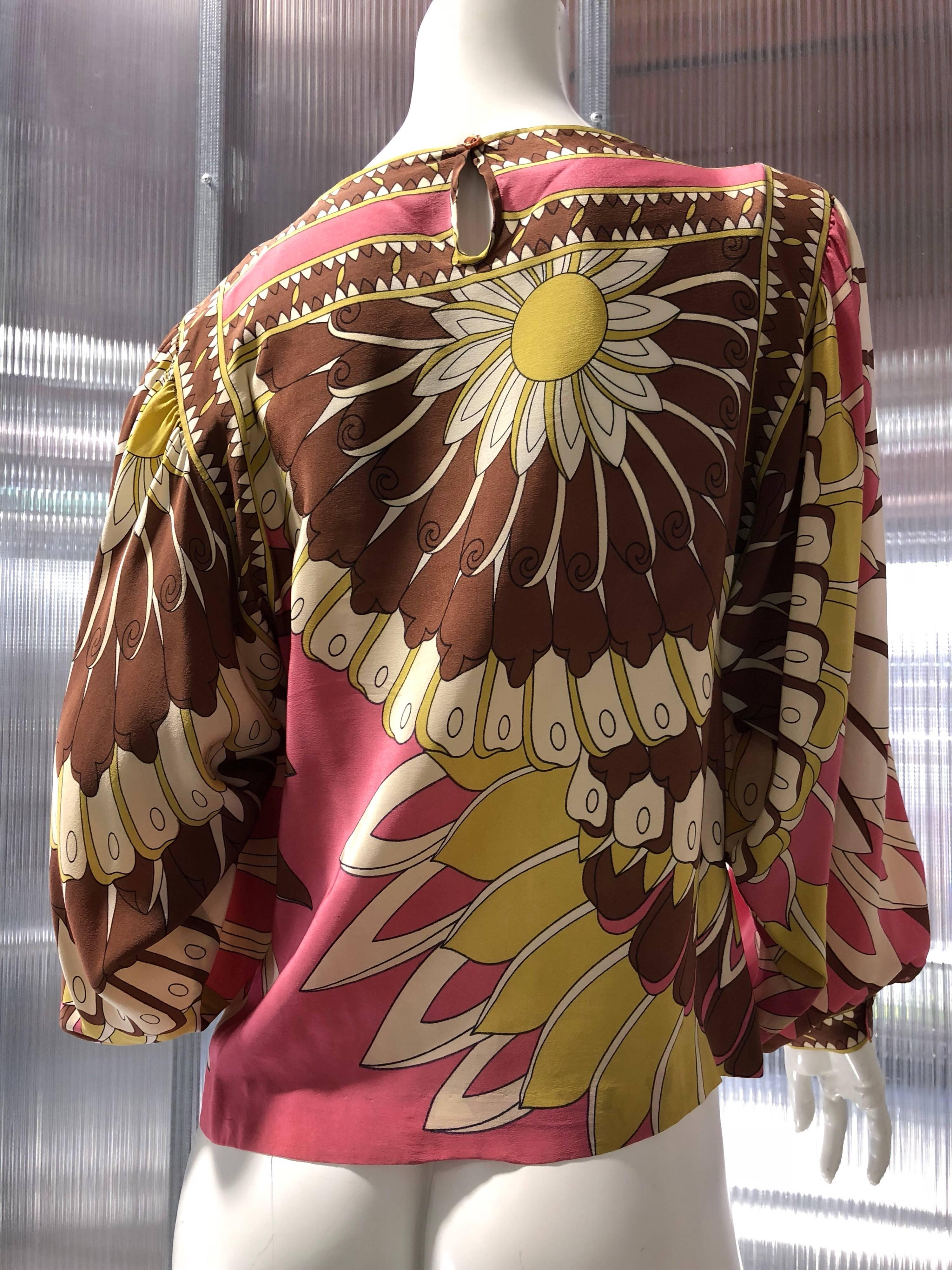 1970s Silk Crepe Lantern Sleeve Blouse with Large-Scale Abstract Floral Pattern  In Excellent Condition In Gresham, OR