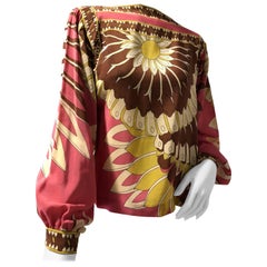 1970s Silk Crepe Lantern Sleeve Blouse with Large-Scale Abstract Floral Pattern