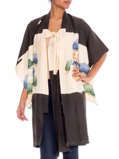 1970S Black & White Silk Kimono Embroidered In Gold With A Giant Eagle