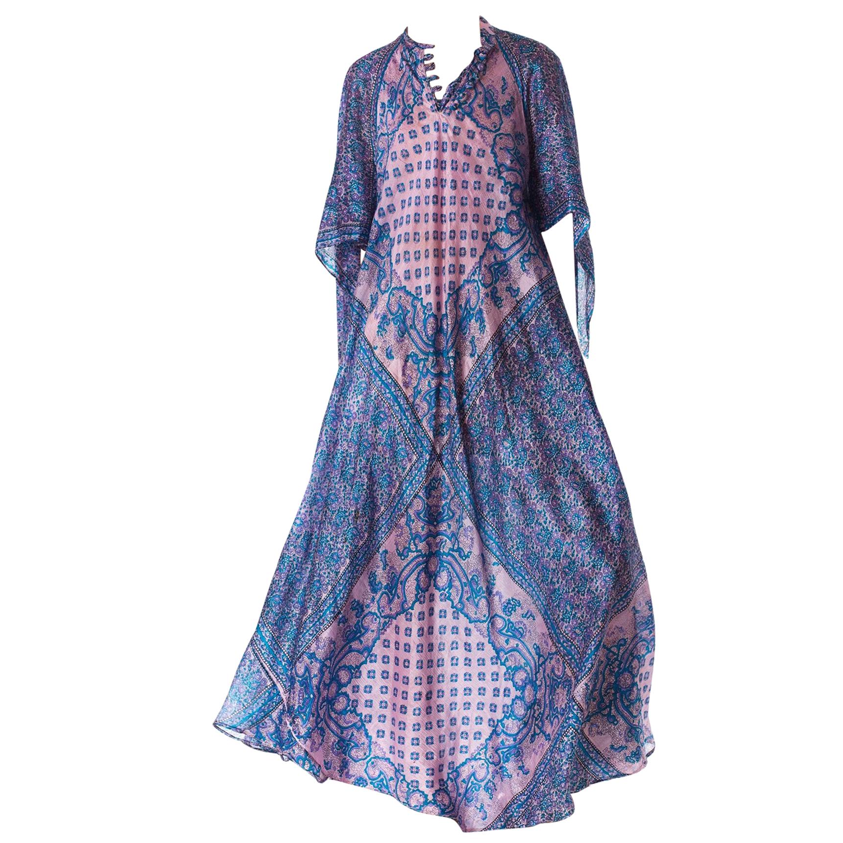 1970S Silk Hand Printed Boho Dress