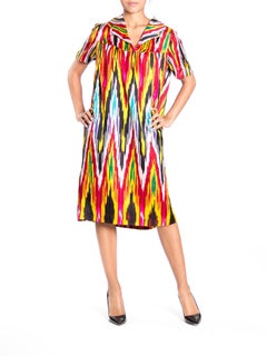 1970S Rainbow Hand Woven Silk Ikat Satin Short Sleeve Tunic Dress