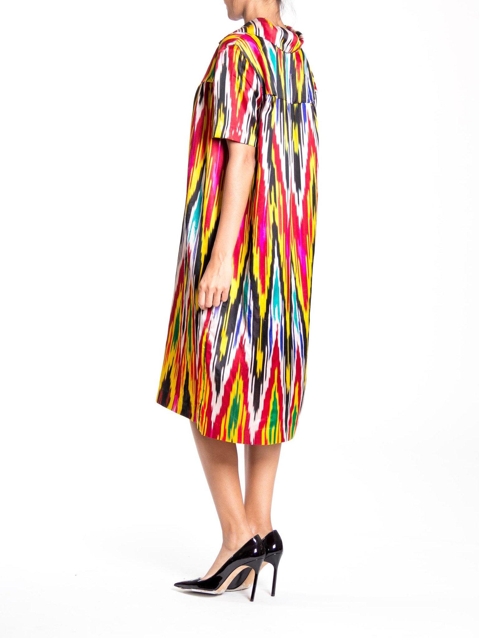 Beige 1970S Rainbow Hand Woven Silk Ikat Satin Short Sleeve Tunic Dress For Sale