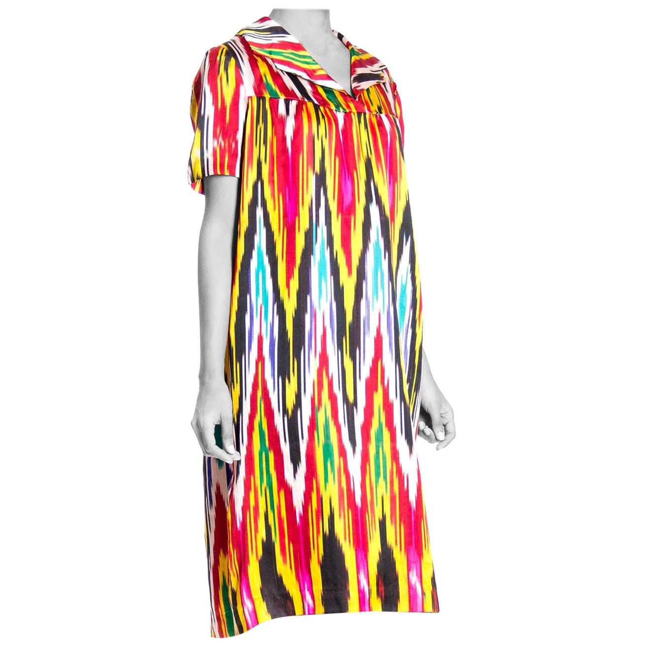 1970S Rainbow Hand Woven Silk Ikat Satin Short Sleeve Tunic Dress For Sale