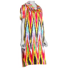 Vintage 1970S Rainbow Hand Woven Silk Ikat Satin Short Sleeve Tunic Dress