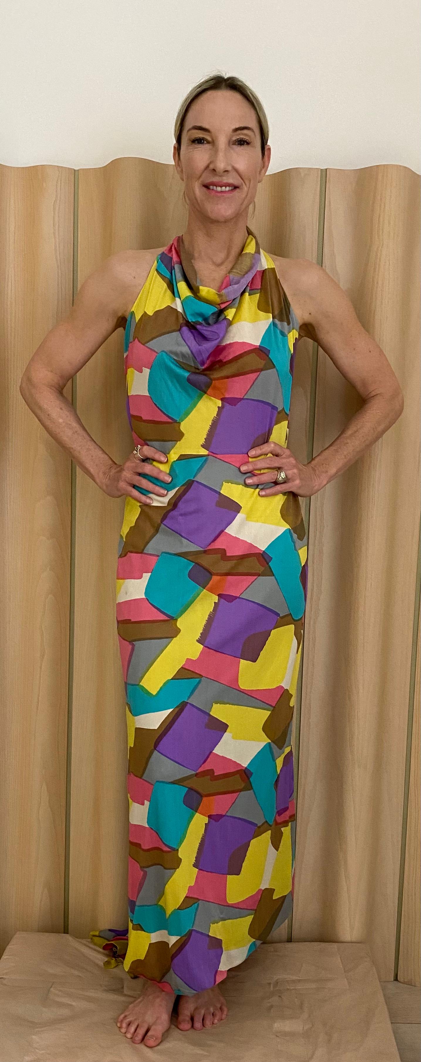 1970s Silk Jersey Multi Color Abstract Print Maxi dress In Good Condition For Sale In Beverly Hills, CA