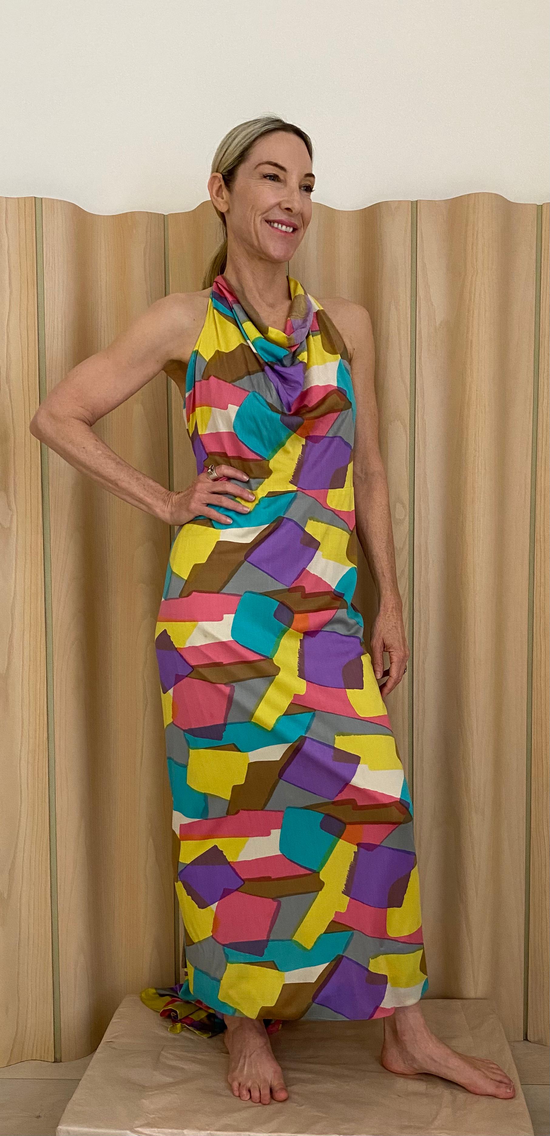 Women's 1970s Silk Jersey Multi Color Abstract Print Maxi dress For Sale