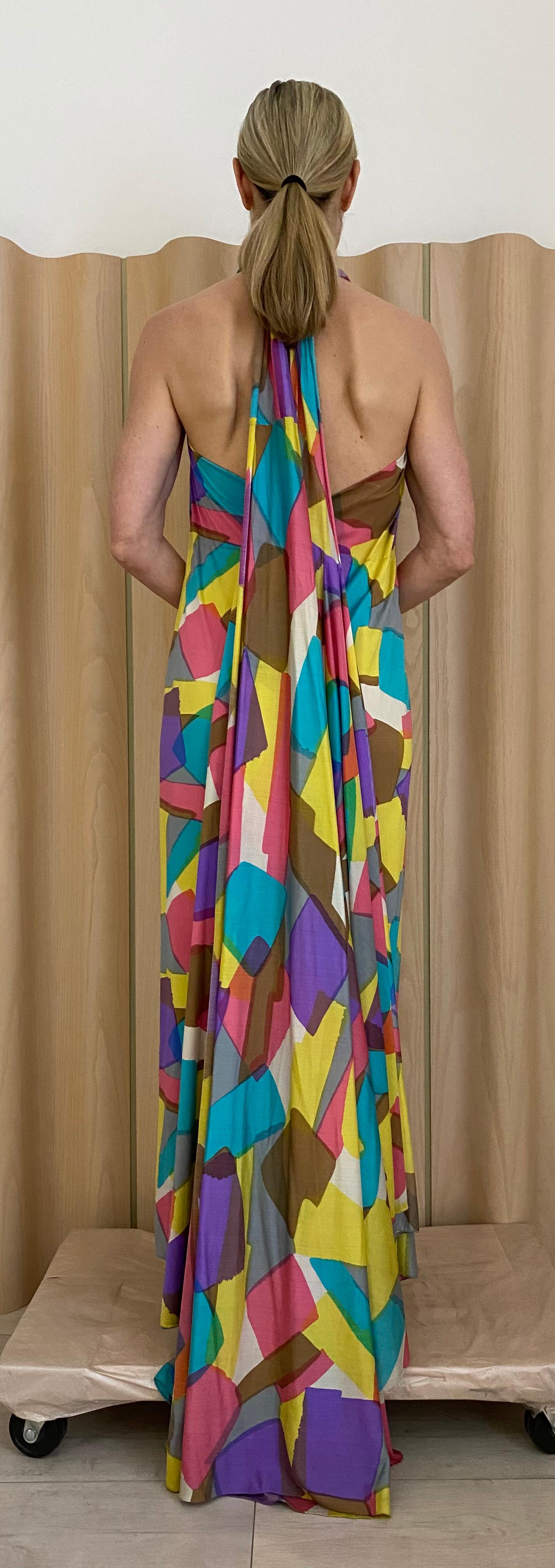 1970s Silk Jersey Multi Color Abstract Print Maxi dress For Sale 1