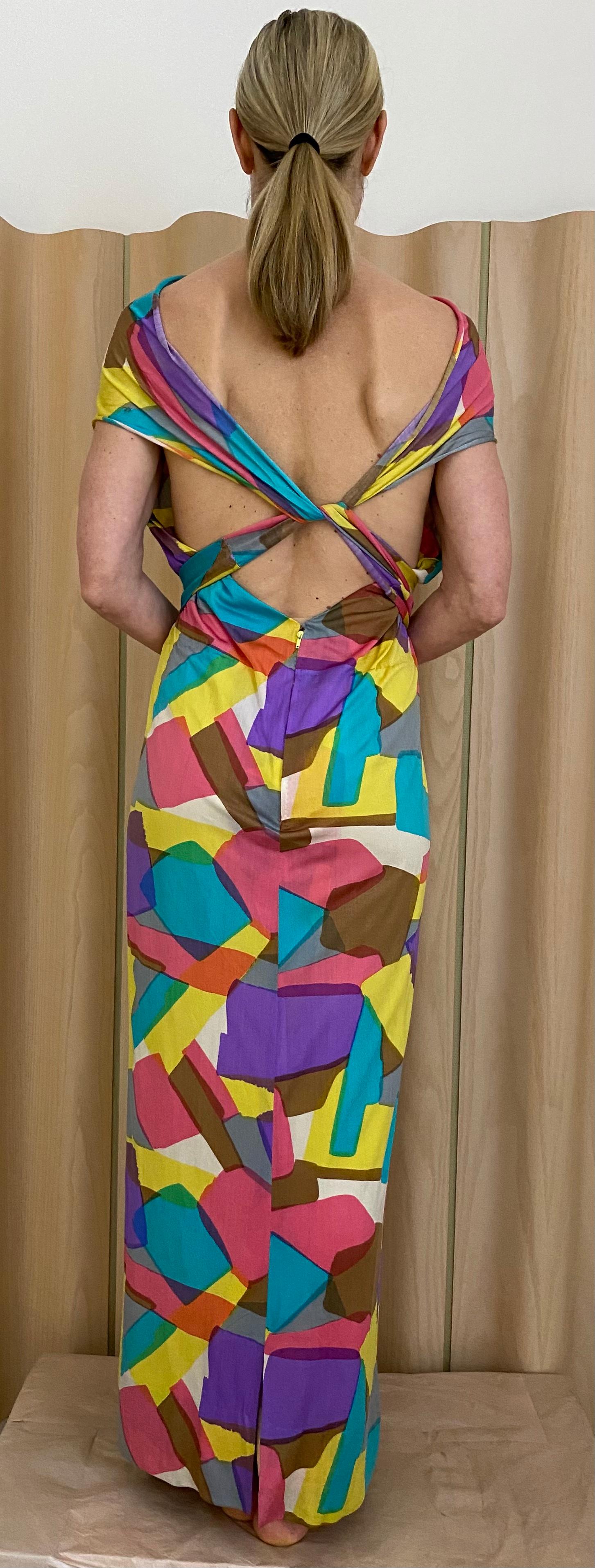 1970s Silk Jersey Multi Color Abstract Print Maxi dress For Sale 3