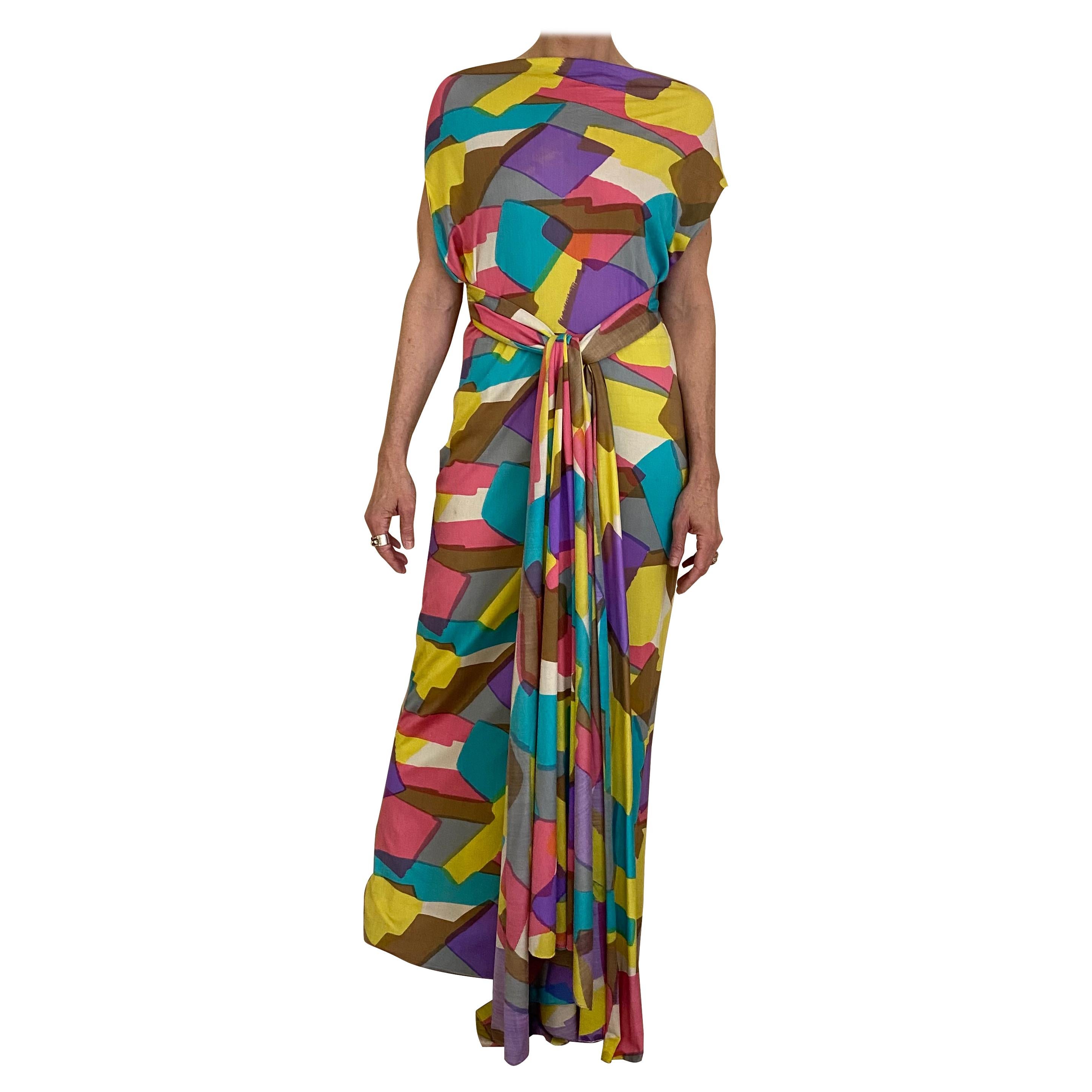 1970s Silk Jersey Multi Color Abstract Print Maxi dress For Sale