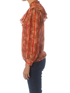1970'S Silk & Lurex Metallic Snake Print Ruffle Blouse
