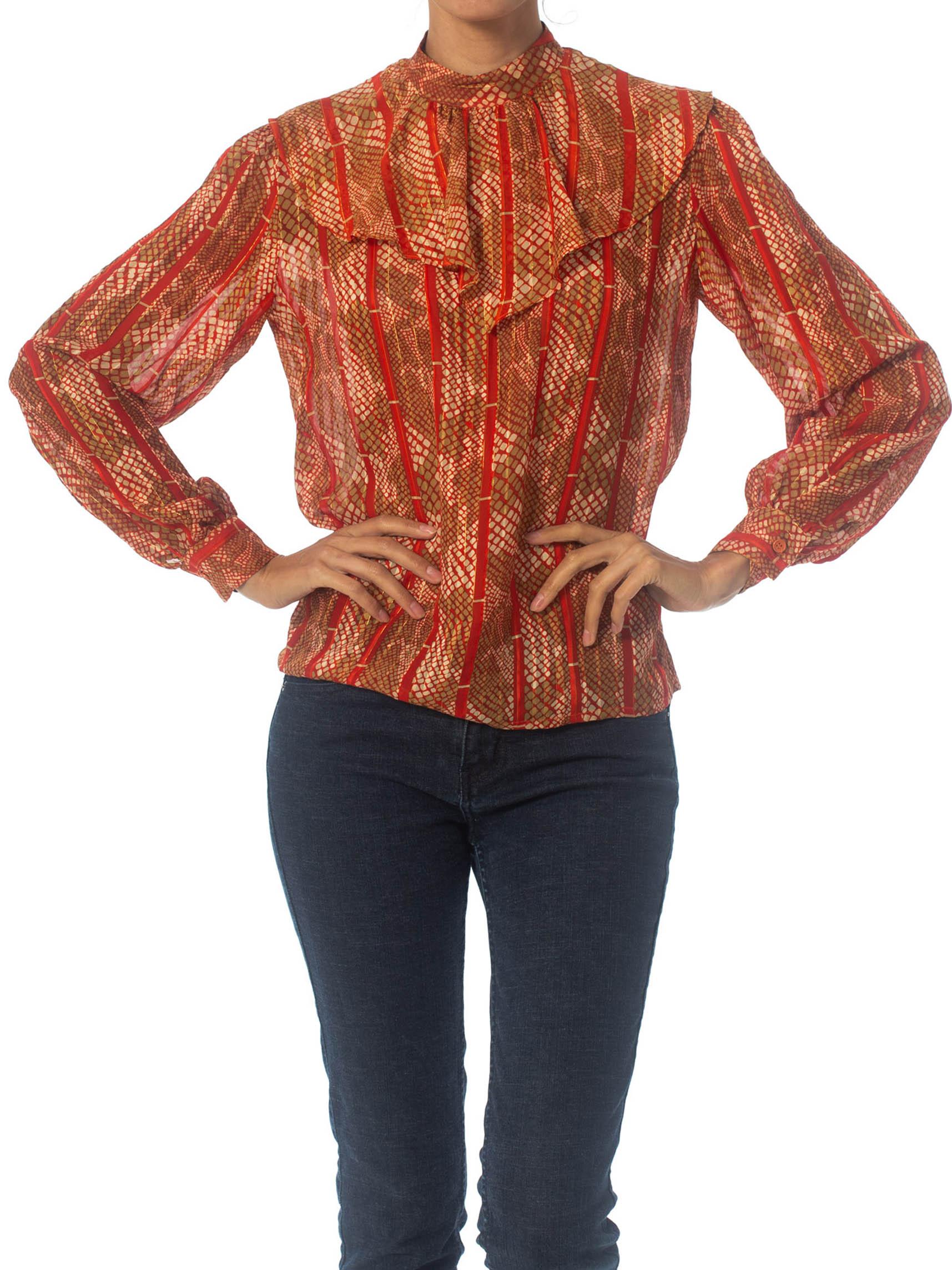 1970'S Silk & Lurex Metallic Snake Print Ruffle Blouse In Excellent Condition In New York, NY