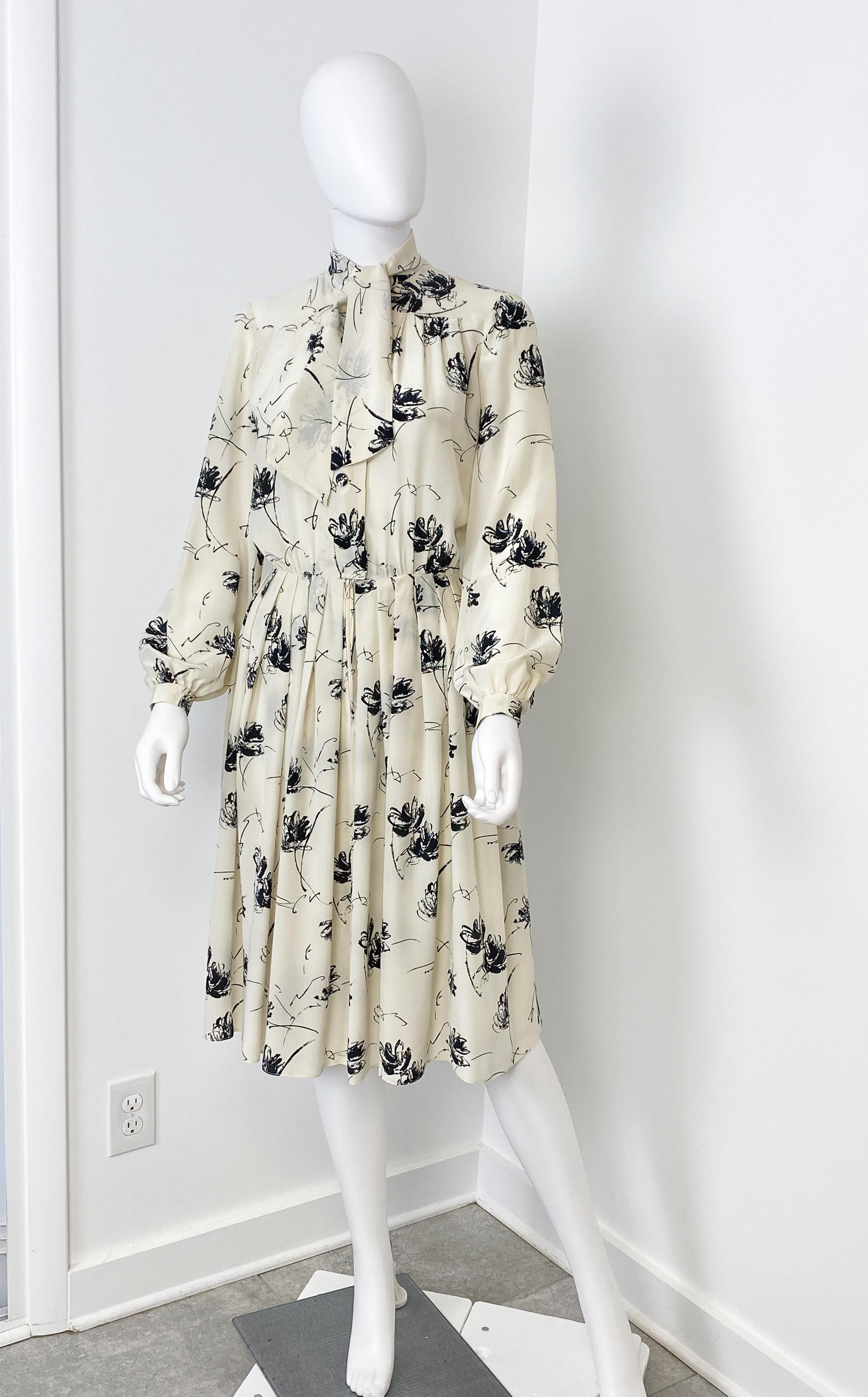 Gray 1970s Silk Muslin Black and White Dress with Floral Print Size 8/10 For Sale