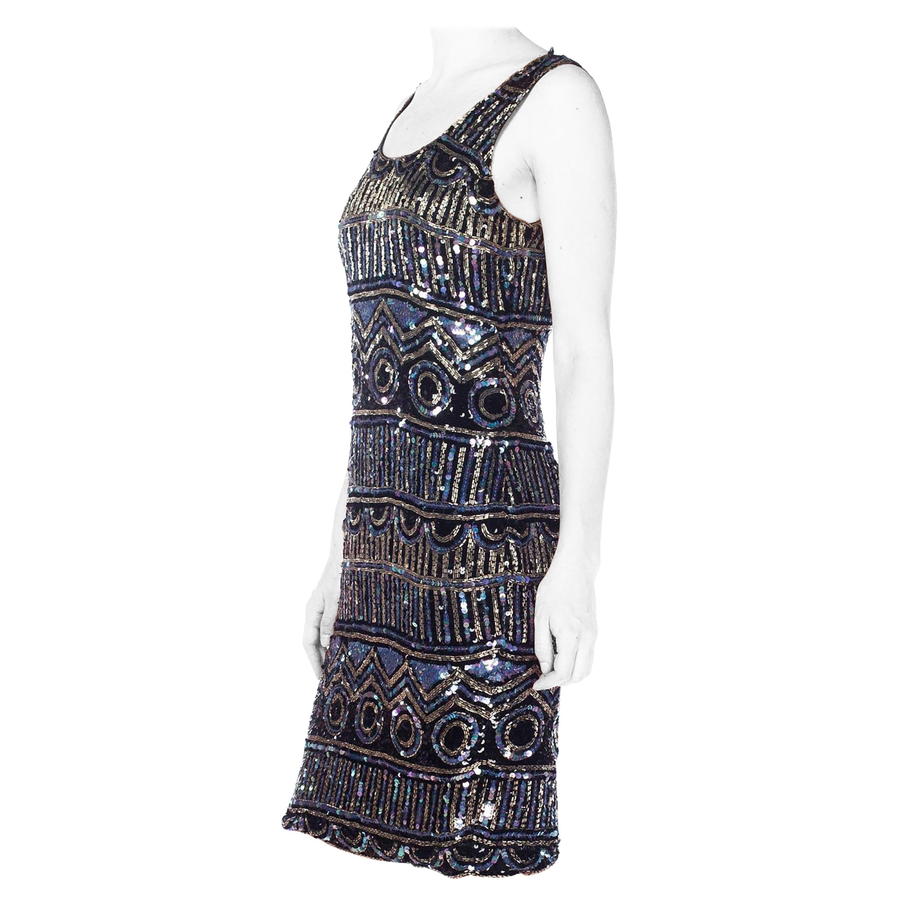 1990S Black Silk Chiffon Cocktail Dress  Fully Beaded In Silver, Blue, And Sequ For Sale
