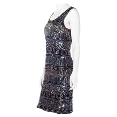 1990S Black Silk Chiffon Cocktail Dress Fully Beaded In Silver, Blue, And Sequ