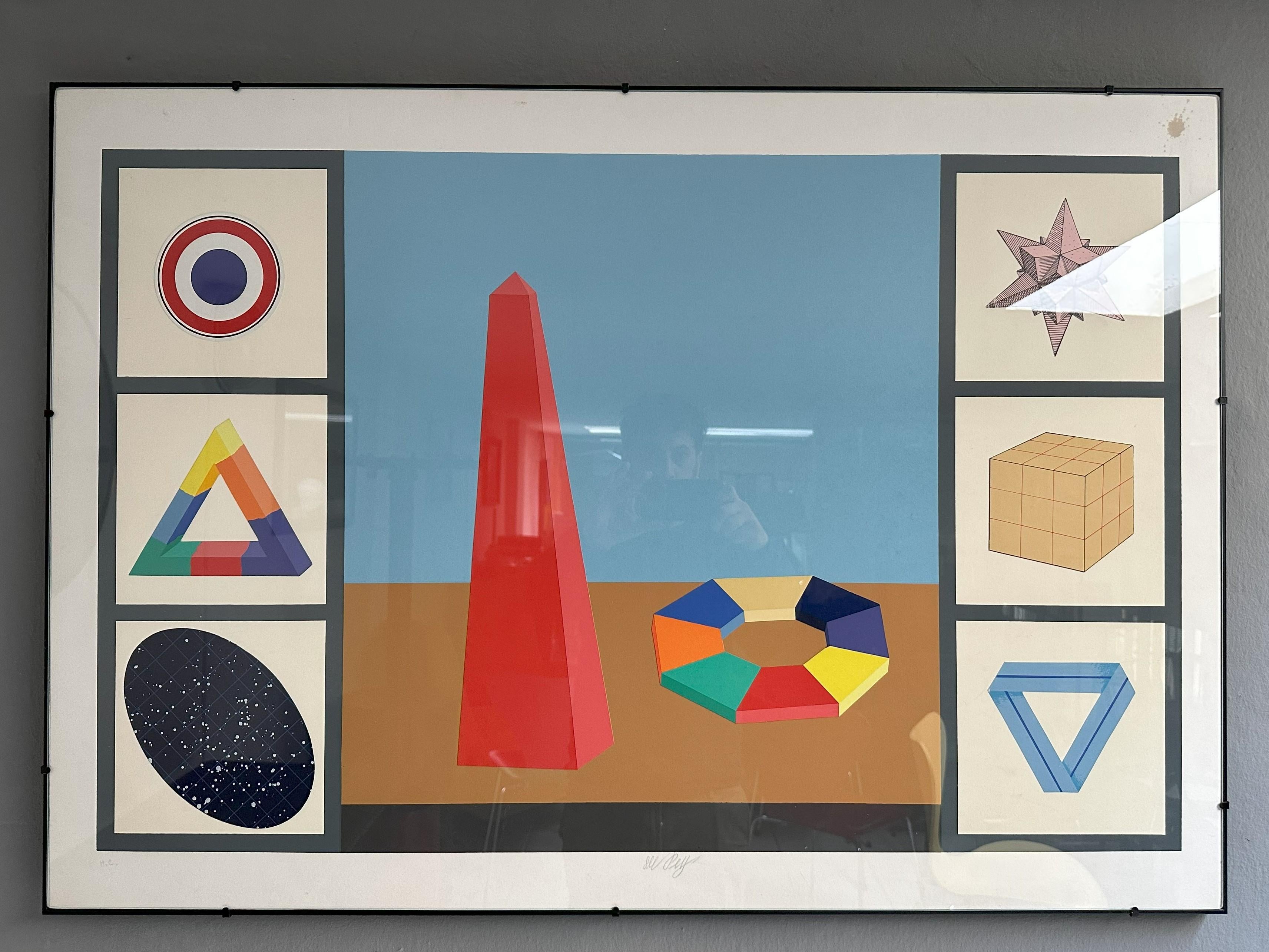 1970s, Italian silkscreen and collage on paper by Lucio Del Pezzo 'Casellario' n. 148/200.
Inside a geometric panel the artist has applied through collage a series of reproductions of objects and regular shapes using different colors and creating a