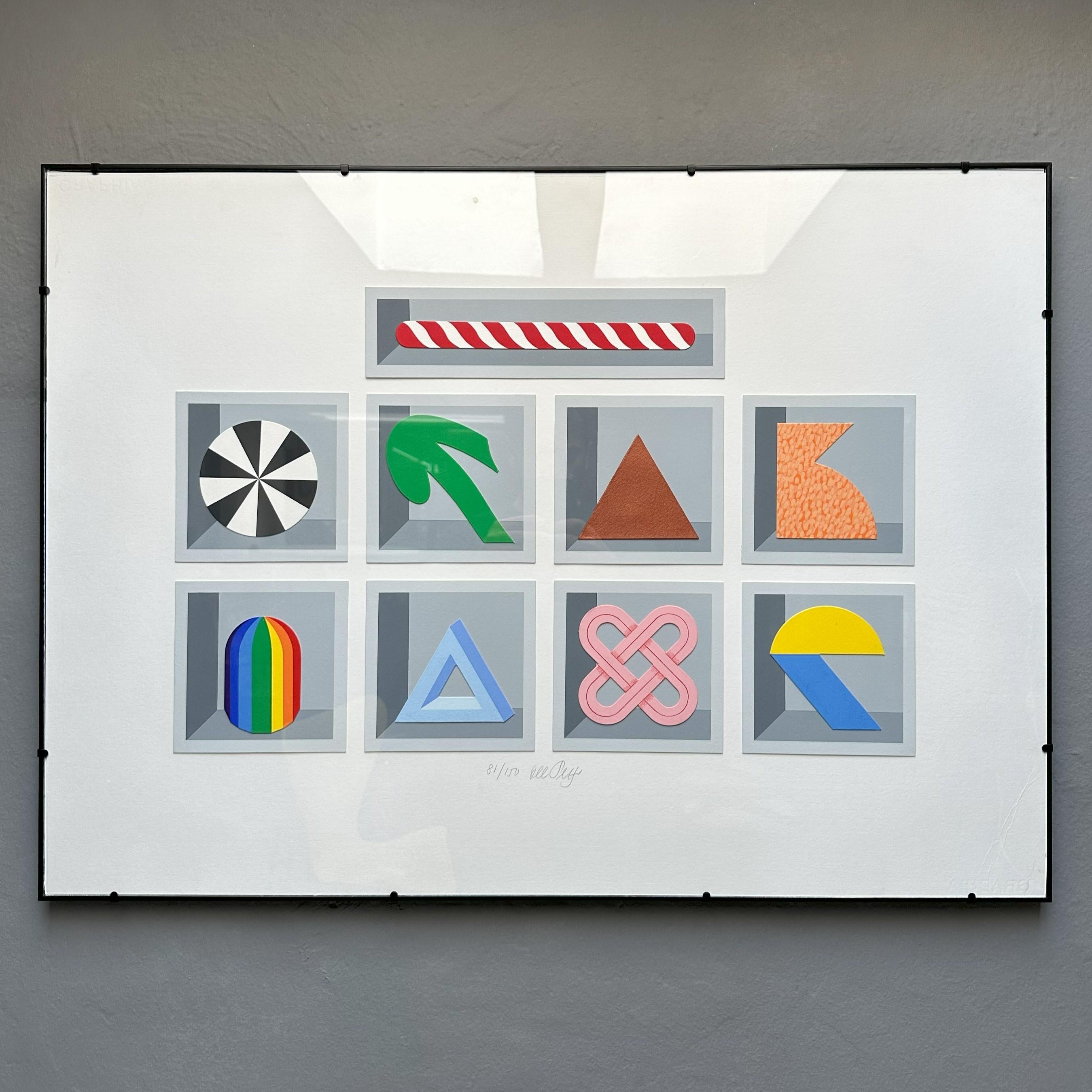 
Silkscreen and collage on paper by Lucio Del Pezzo 'Casellario' n. 81/150.
Inside a geometric panel the artist has applied through collage a series of reproductions of objects and  shapes using different colors and creating a silk-screen print of