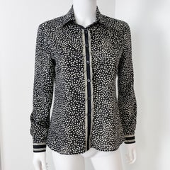 1970s Silky Viscose Blouse Top Black and White with Print Decor Size 10