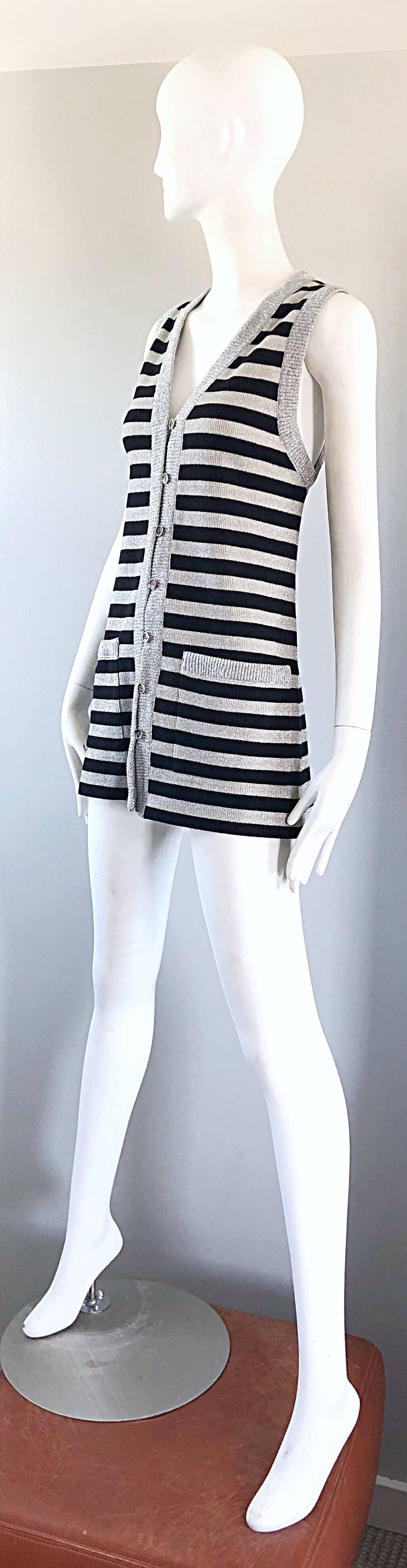 1970s Silver + Black Metallic Striped Sleeveless Vintage Vest Tunic / Mini Dress For Sale 3
