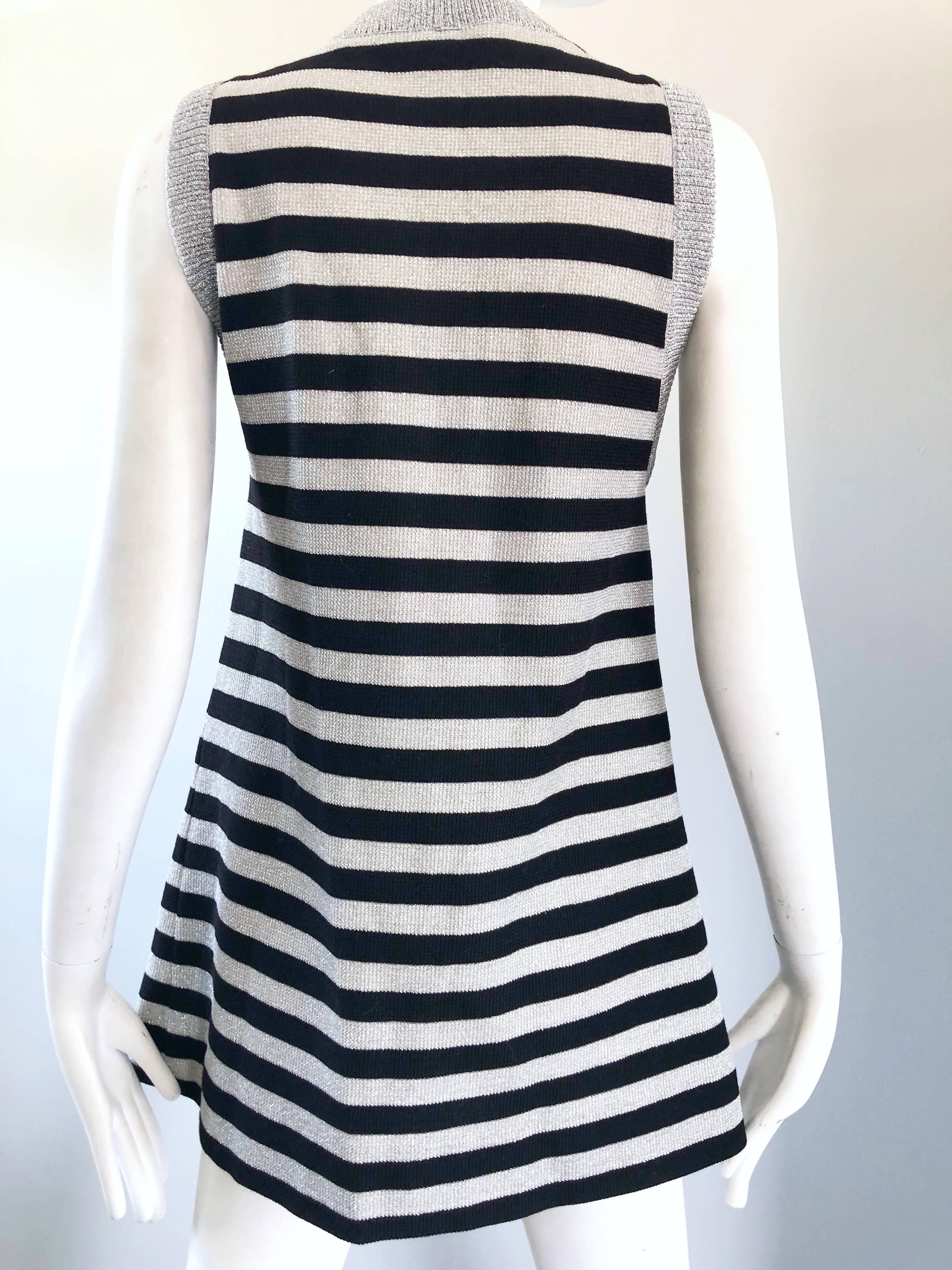 1970s Silver + Black Metallic Striped Sleeveless Vintage Vest Tunic / Mini Dress For Sale 4