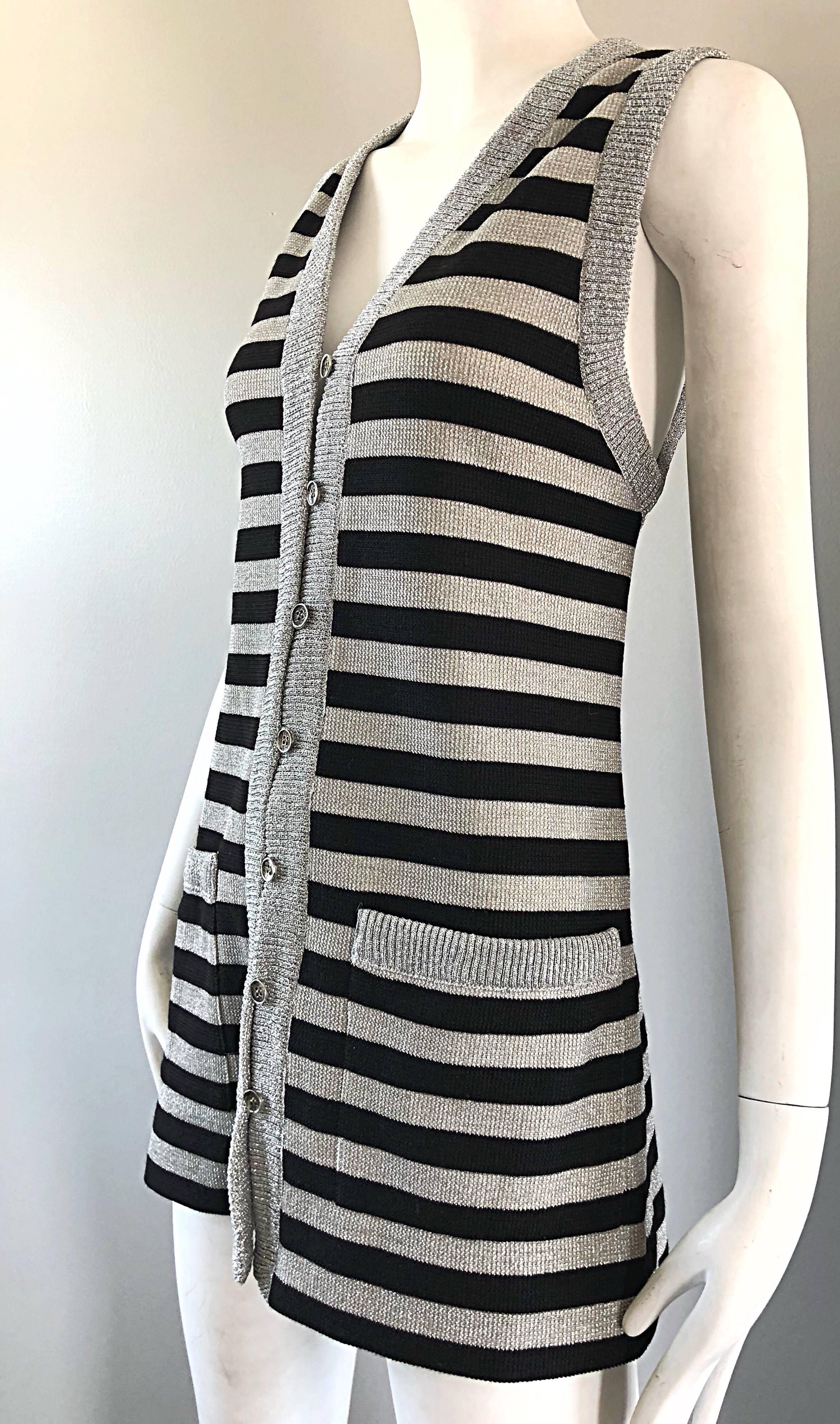1970s Silver + Black Metallic Striped Sleeveless Vintage Vest Tunic / Mini Dress For Sale 6