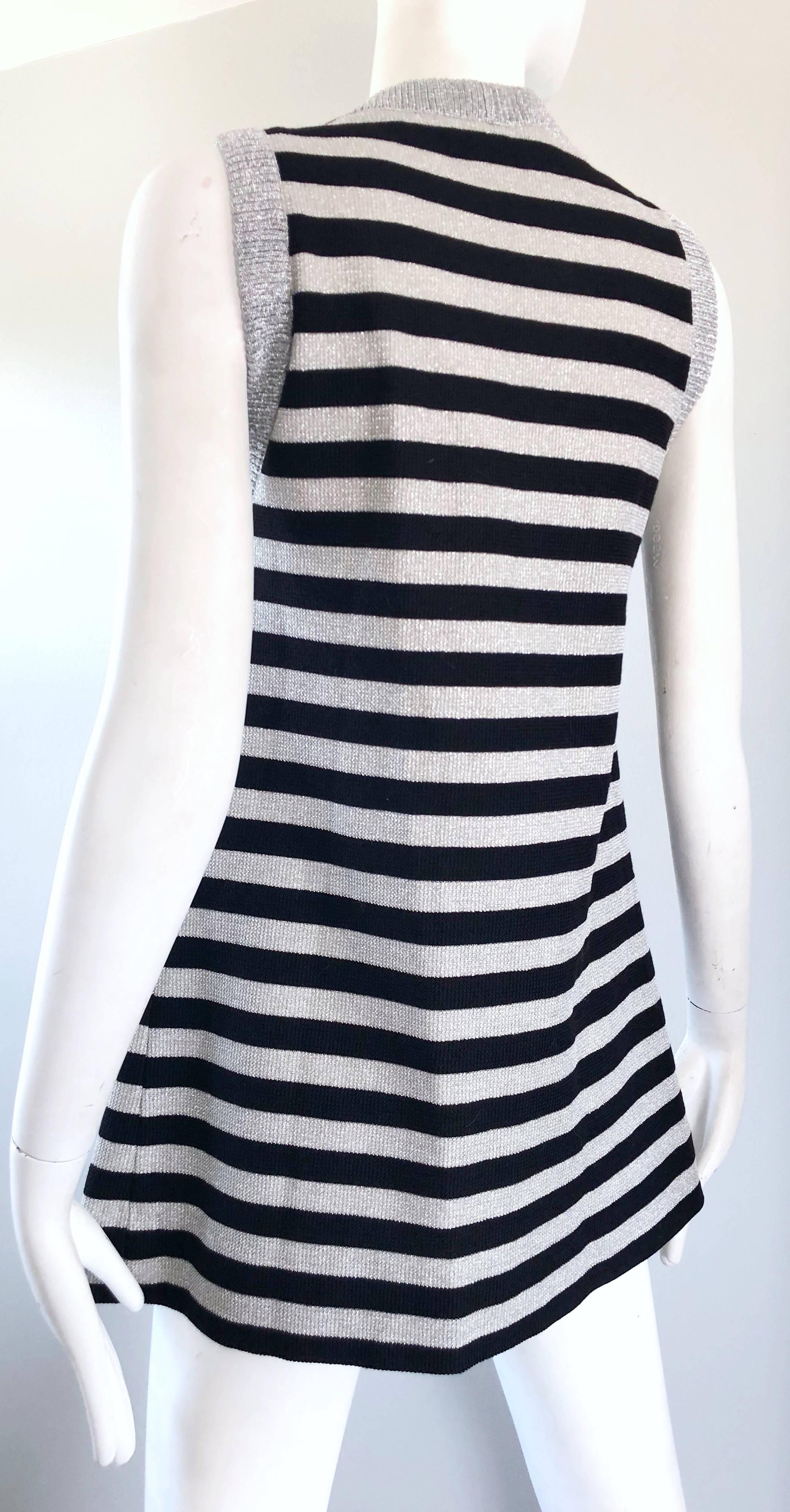 1970s Silver + Black Metallic Striped Sleeveless Vintage Vest Tunic / Mini Dress For Sale 7