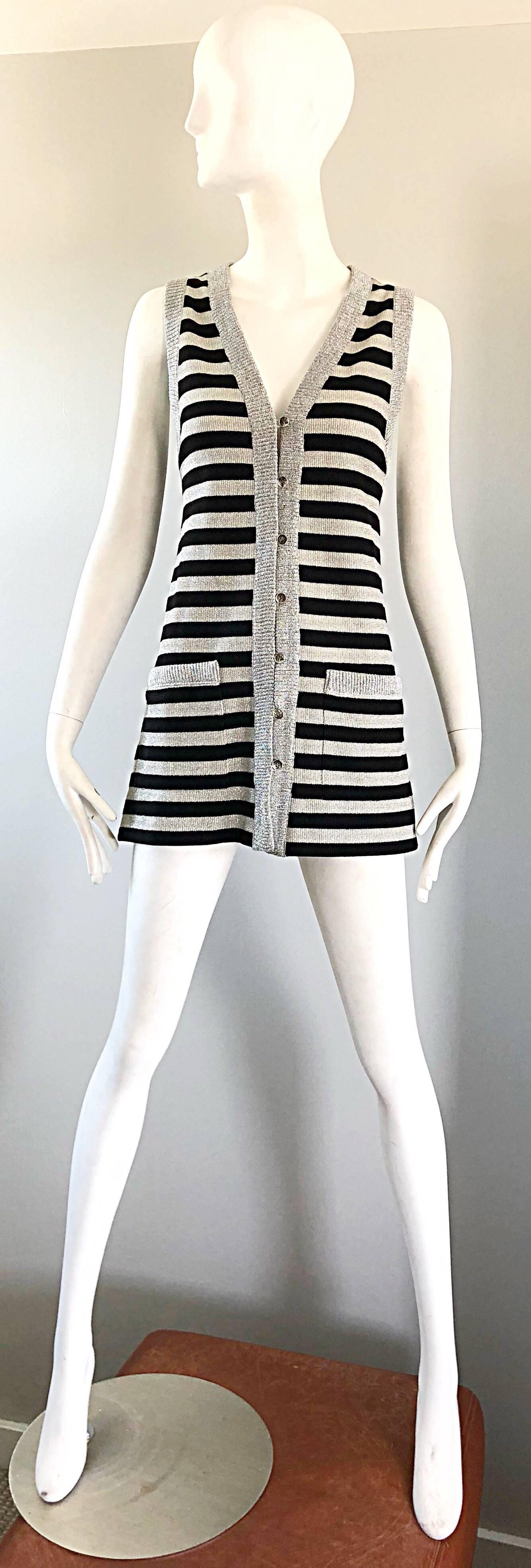 1970s Silver + Black Metallic Striped Sleeveless Vintage Vest Tunic / Mini Dress For Sale 8